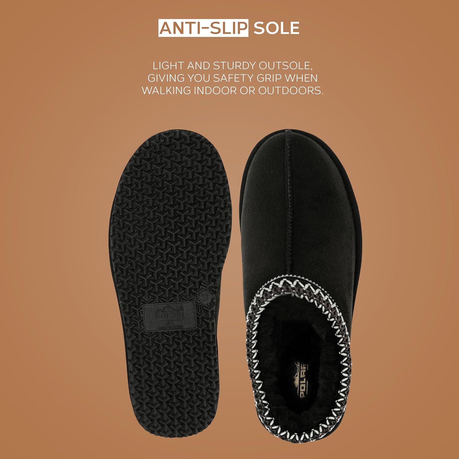 POLAR Women’s Faux Suede Shearling Lined Slippers - Warm Memory Foam Indoor Outdoor Slip-On House Shoes with Aztec Trim - Non-Slip Sole for Winter Cosy Comfort - Image 7