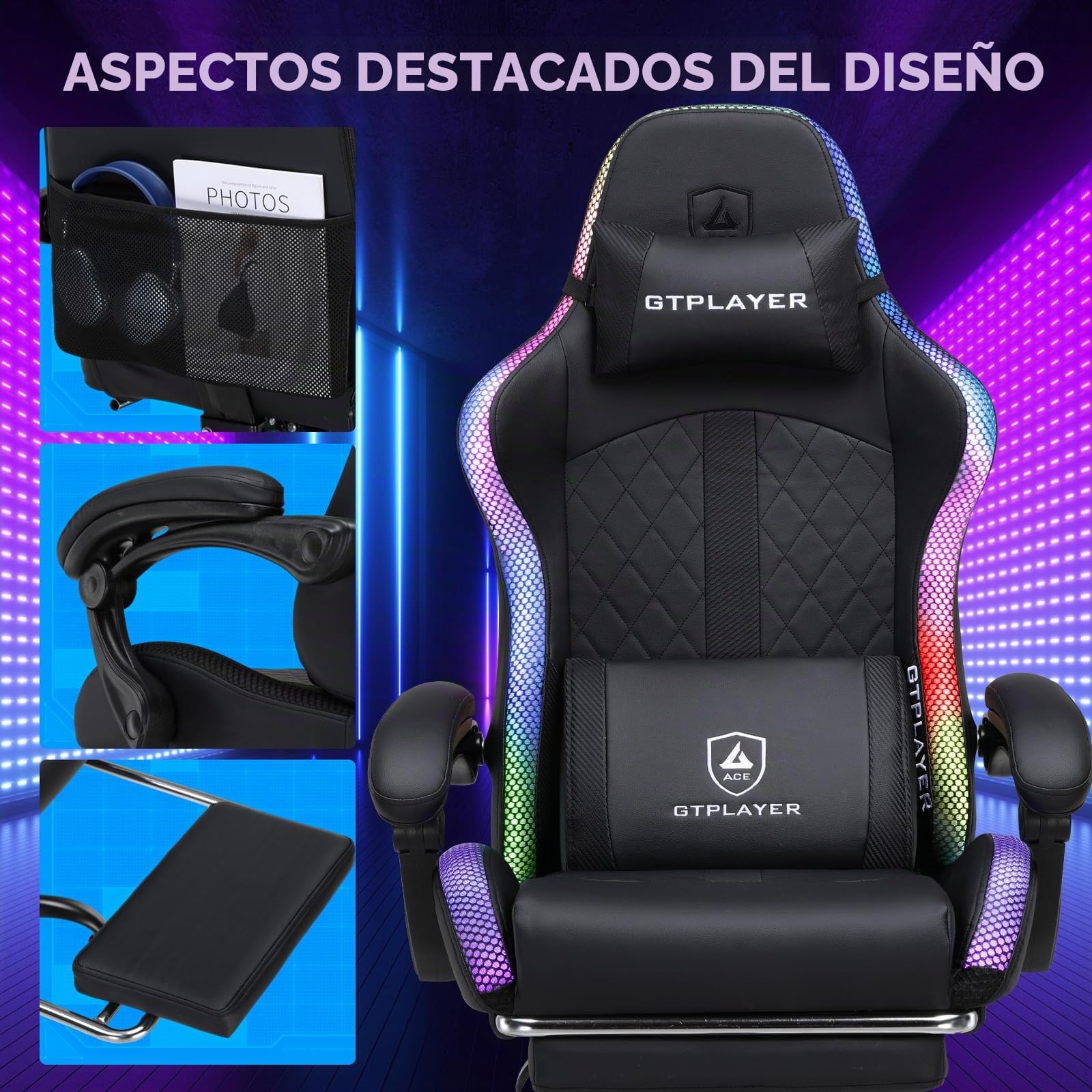 GTPLAYER Silla de gaming, silla de oficina, silla de gaming con altavoz y barra de luz, silla gamer, respaldo con bolsa de almacenamiento, silla ergonómica de PC con mando a distancia