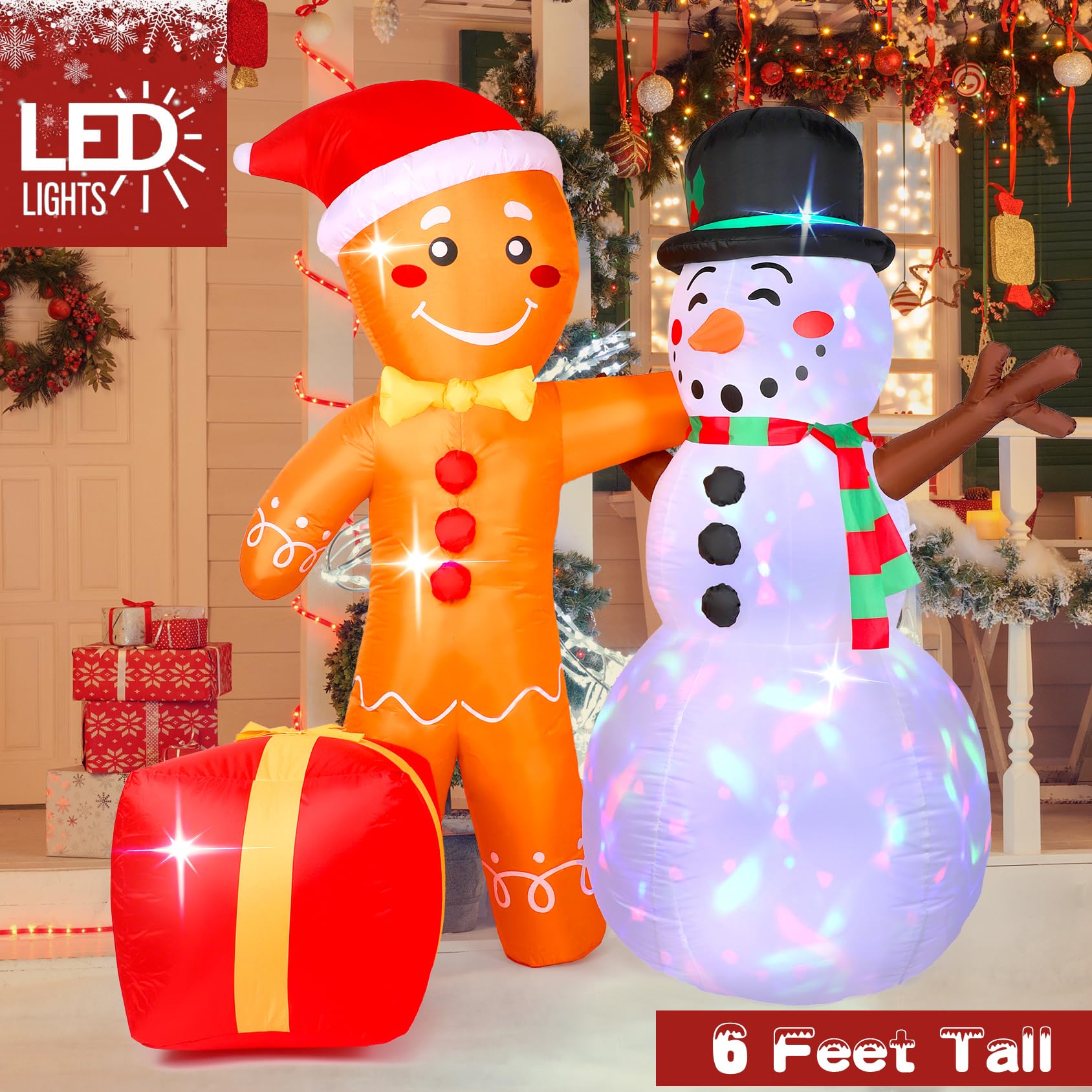 Christmas Inflatables Outdoor Decoration, Cute 6 FT Snowman Gingerbread Christmas Decorations, Build-in LEDs, Stable Christmas Blow Ups Yard Decorations for Holiday Indoor Xmas Party Garden Lawn Décor
