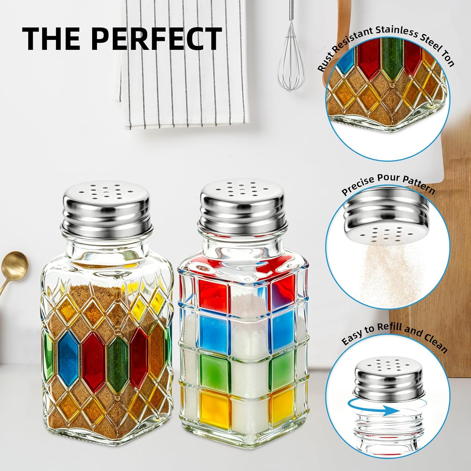 2 Pack Colorful Painted Glass Salt and Pepper Shakers Set - Vintage Farmhouse Kitchen Decor, Colored Glass Seasoning Shakers with Stainless Steel Lids for Home Dining Table & Restaurant