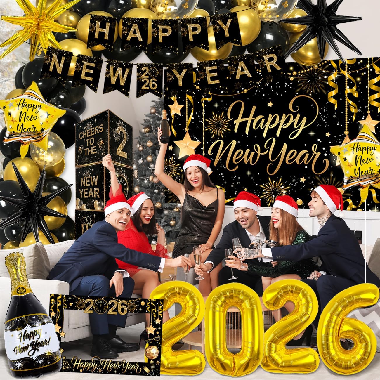 2026年新年装飾 ブラックとゴールド 大晦日 バルーン 2026年バナー背景幕 フォトブース小道具 カードボックスキット 4個セッ