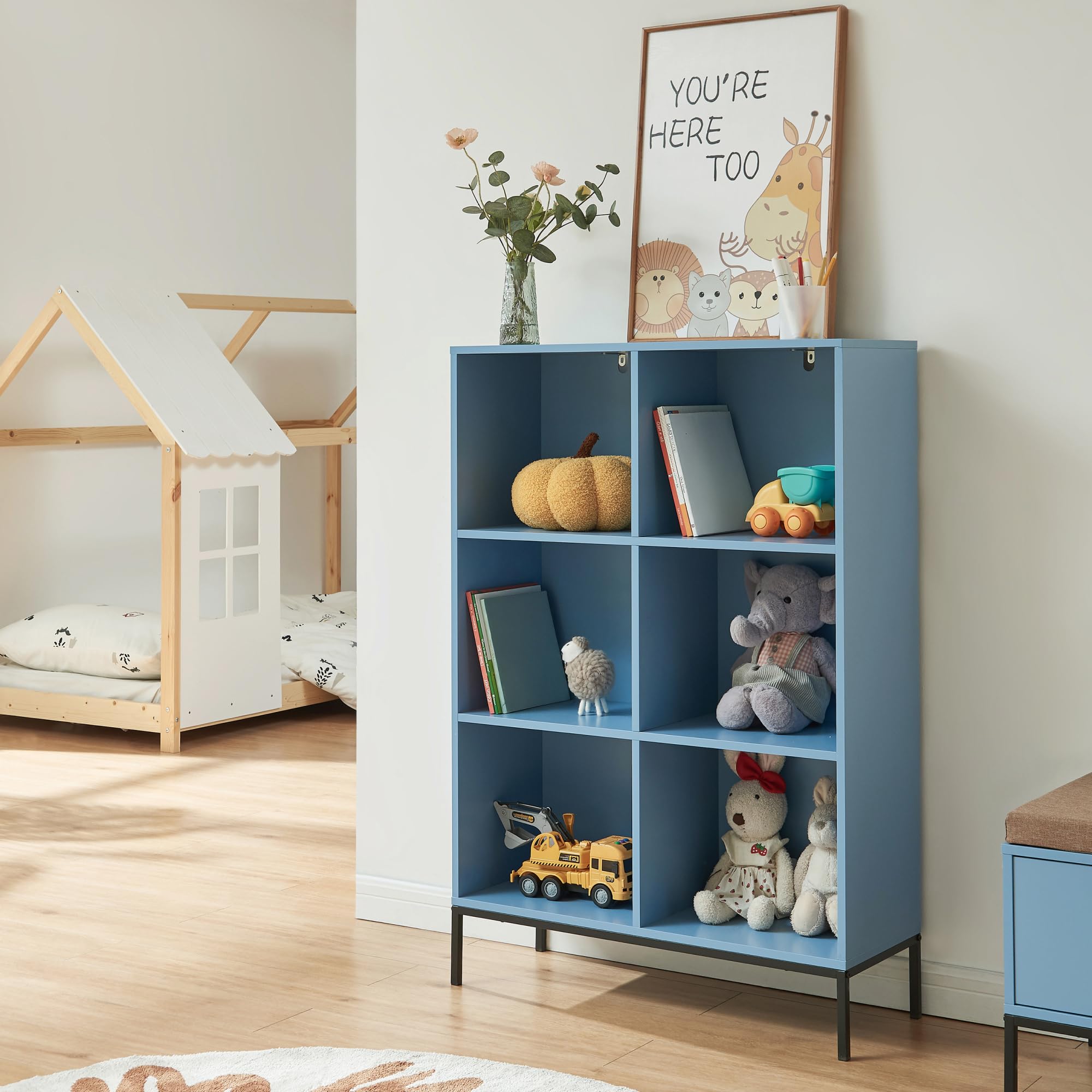 [en.casa] Libreria a 6 Ripiani Aperti Scaffale da Terra con Scomparti Vani Portaoggetti Libri Mobile Espositore per Soggiorno Cameretta Corridoio Ufficio 120 x 80 x 30 cm - Blu