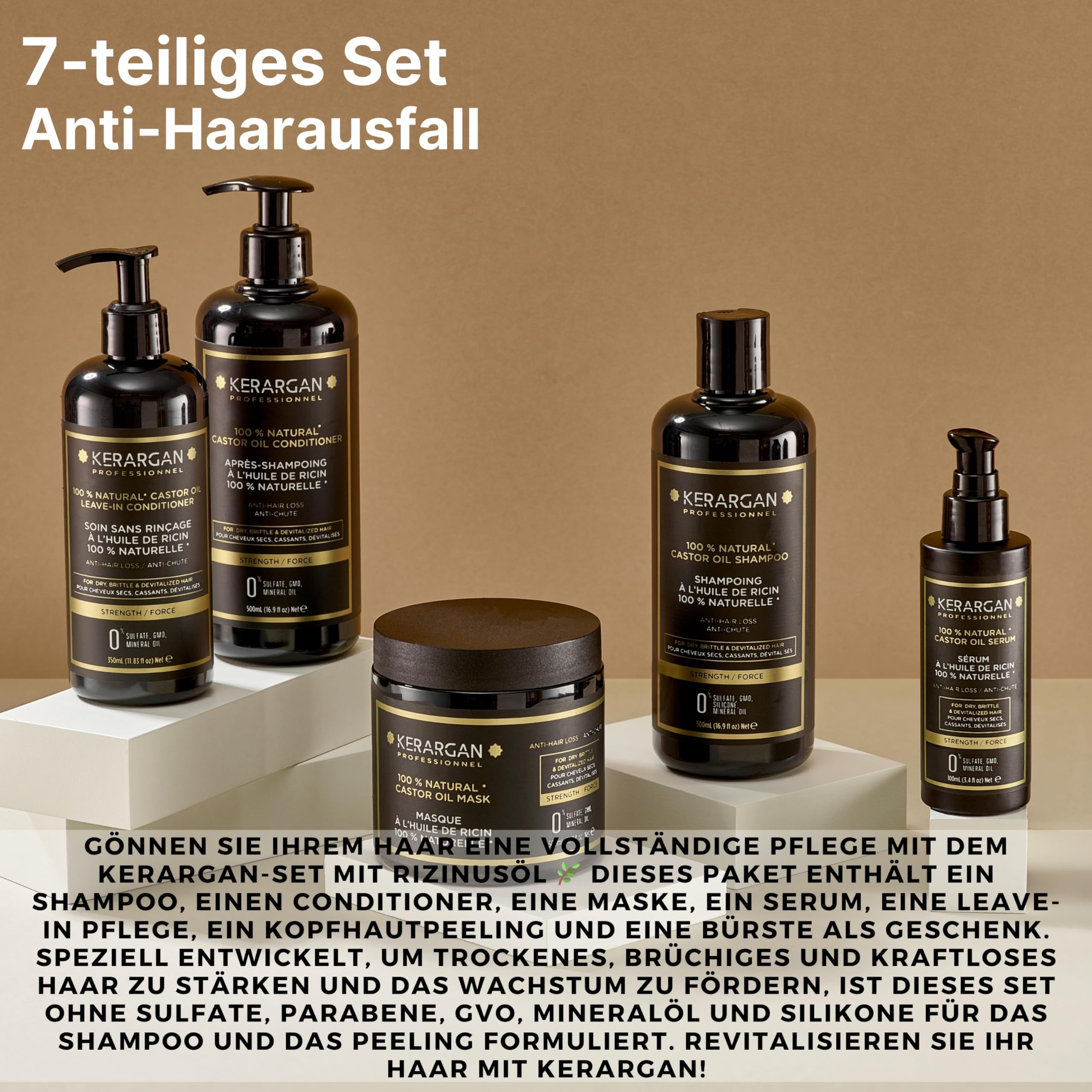 KERARGAN - Rizinusöl 6er Set Anti-Haarbruch - 3x500ml+100ml+350ml+250ml | Shampoo, Conditioner, Haarmaske, Haarserum, Leave-in Pflege und Kopfhautpeeling, komplette Anti-Haarbruch-Routine