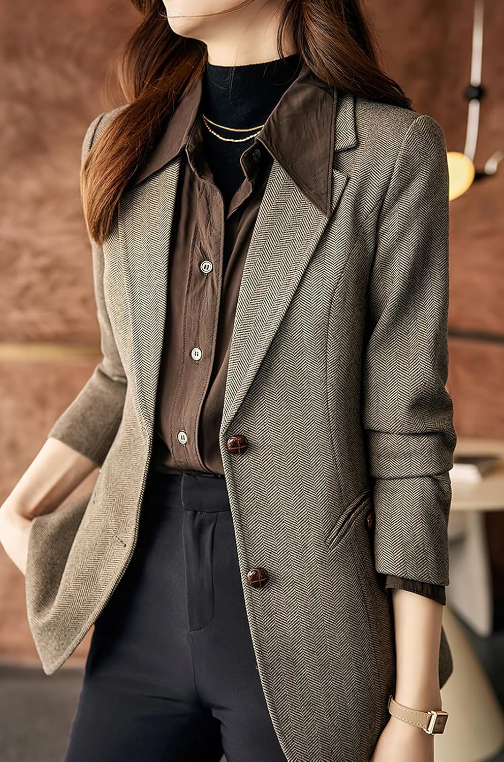 ebossy Women's Notched Lapel Plaid Herringbone Blazer Jacket Classic Single Breasted Slim Wool Blend Coat - Image 4