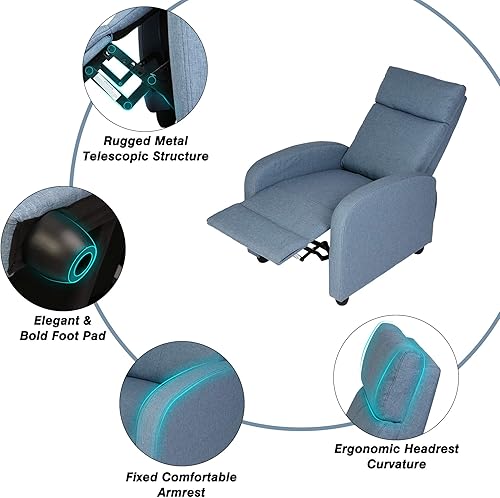 Miniatura 8 de Silla reclinable de tela ajustable, sofá reclinable ergonómico, fácil de montar, asiento acolchado con cojín grueso y respaldo, moderno para sala de