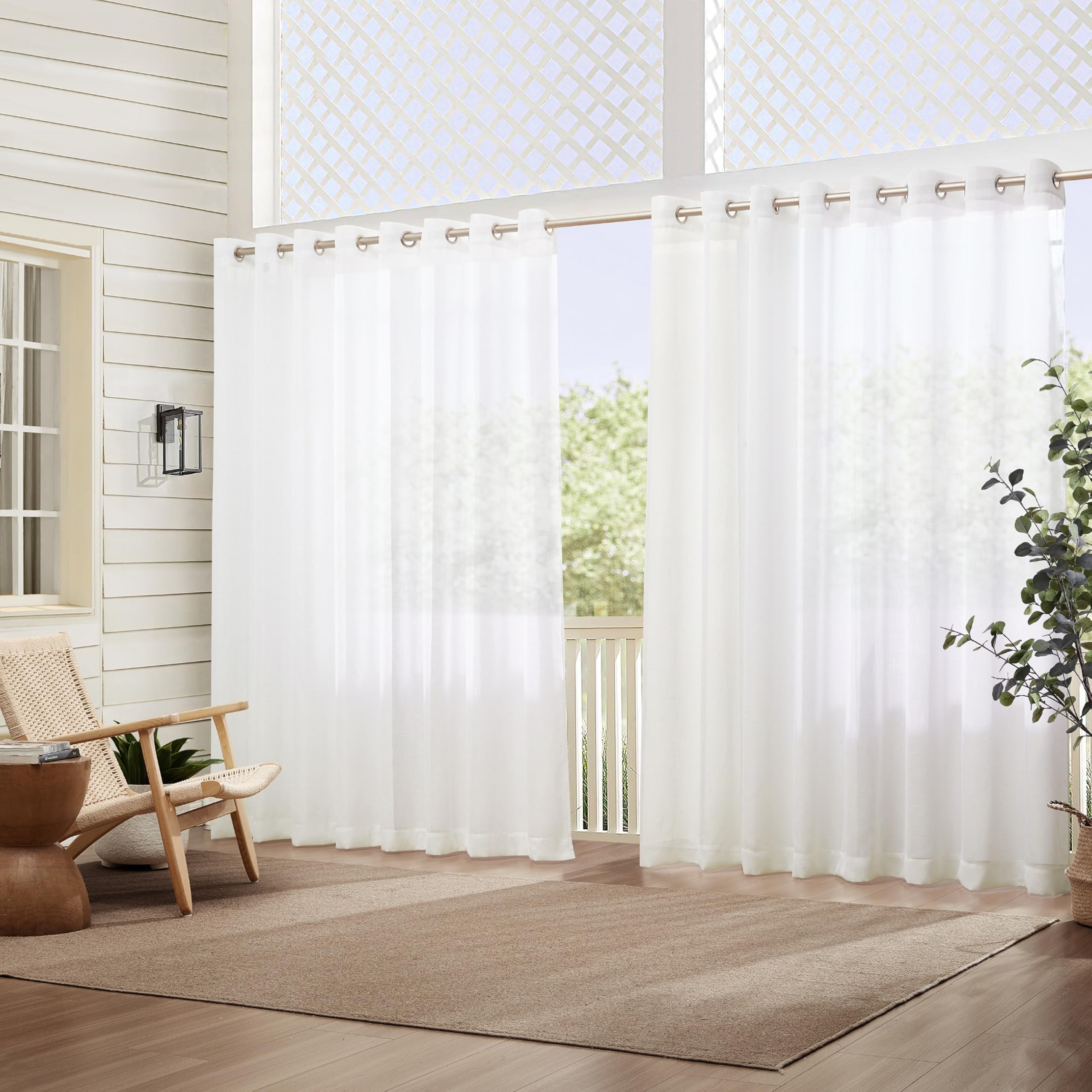 Elrene Home Fashions Carmen Sheer Extra-Wide Weatherproof Indoor/Outdoor Grommet Top Curtain Panel with Coordinating Tieback for Porch, Pergola, Patio, Deck, 114”W x 108”L, White-image-42