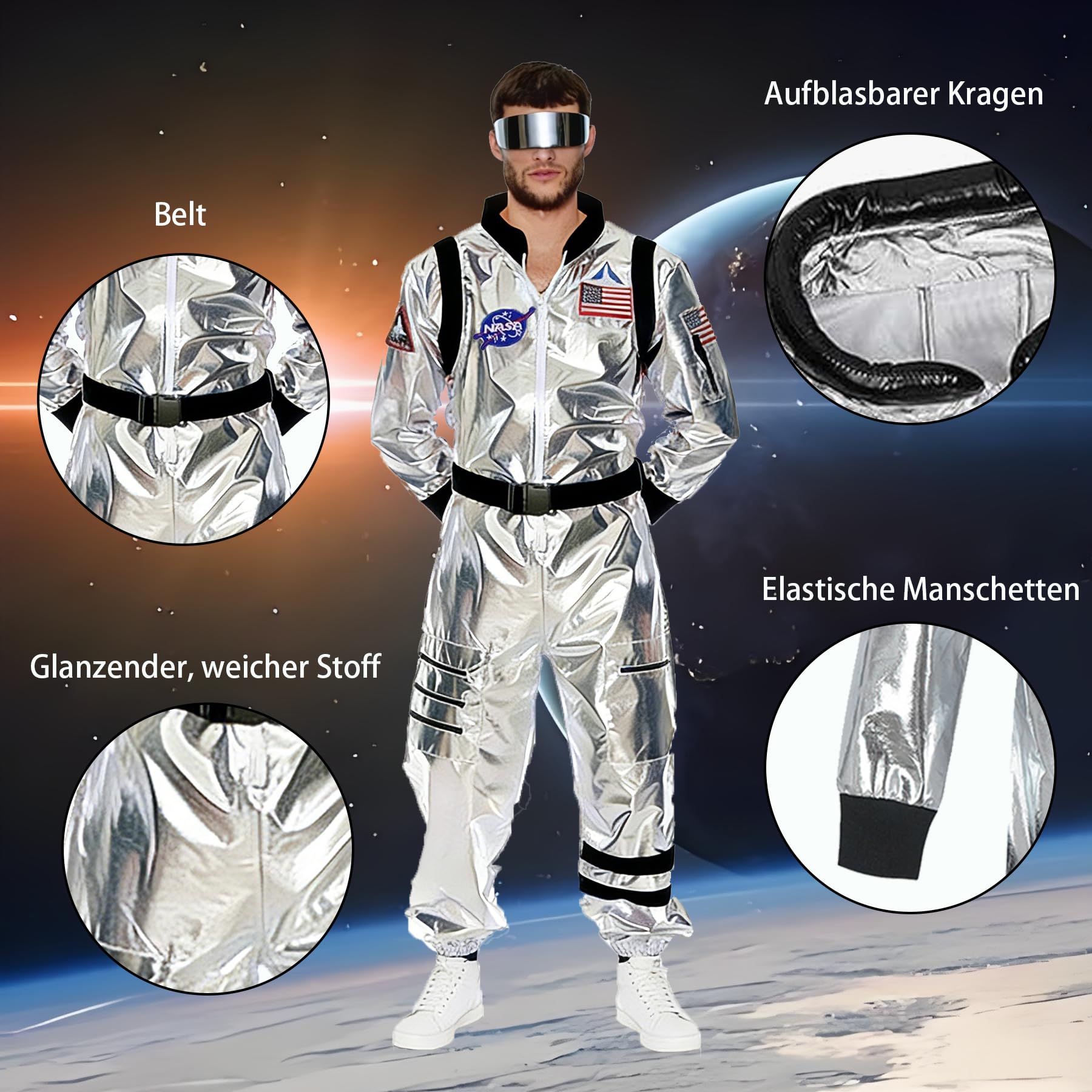 Astronaut Kostüm,Silber Weltraum Astronauten Kostüm,Astronautenoverall,Astronautenkostüm Erwachsene,Overall Unisex Weltall Kostüm,für Cosplay Karneval Faschings Halloween
