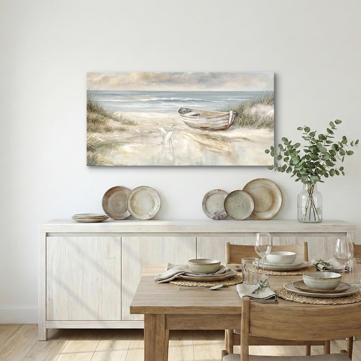 SENROLAN Coastal Canvas Wall Art 48x24, Neutral Blue Gray Beach Seascape Print with Boat, Large Horizontal Ocean Wall Decor for Living Room Bedroom, Gallery Wrapped, Ready to Hang