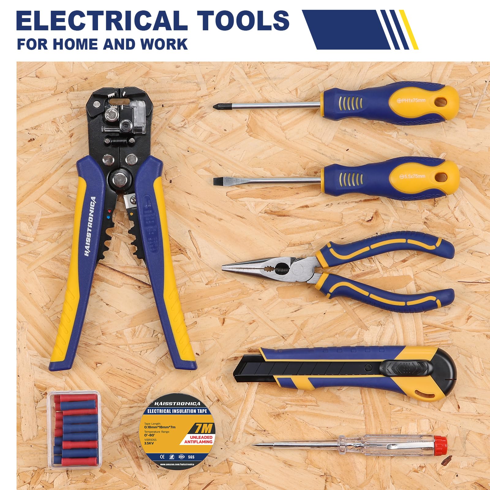 Haisstronica Kit Pince à Dénuder 8-en-1 – Ensemble d’Outils Professionnel pour Électriciens : Dénudeur Automatique, Pince à Bec, Tournevis, Testeur de Tension, Couteau, Ruban Isolant et Connecteurs