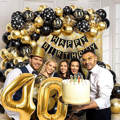 Miniatura 8 de FOTIOMRG Arco de globos de 40 cumpleaños con guirnalda de globos negros y dorados, pancarta de feliz cumpleaños, globo de aluminio para decoraciones