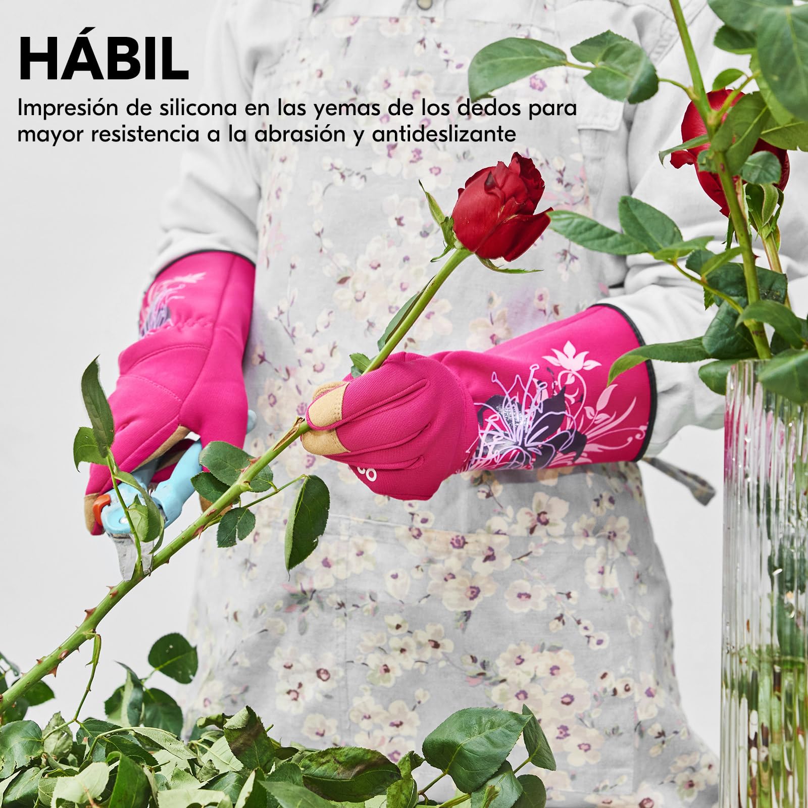 Vgo... Guantes de Jardinería para Mujeres de Cuero Anti-espinas Antipinchazos, Guantes Trabajo Largos Protección de Antebrazo,1 par