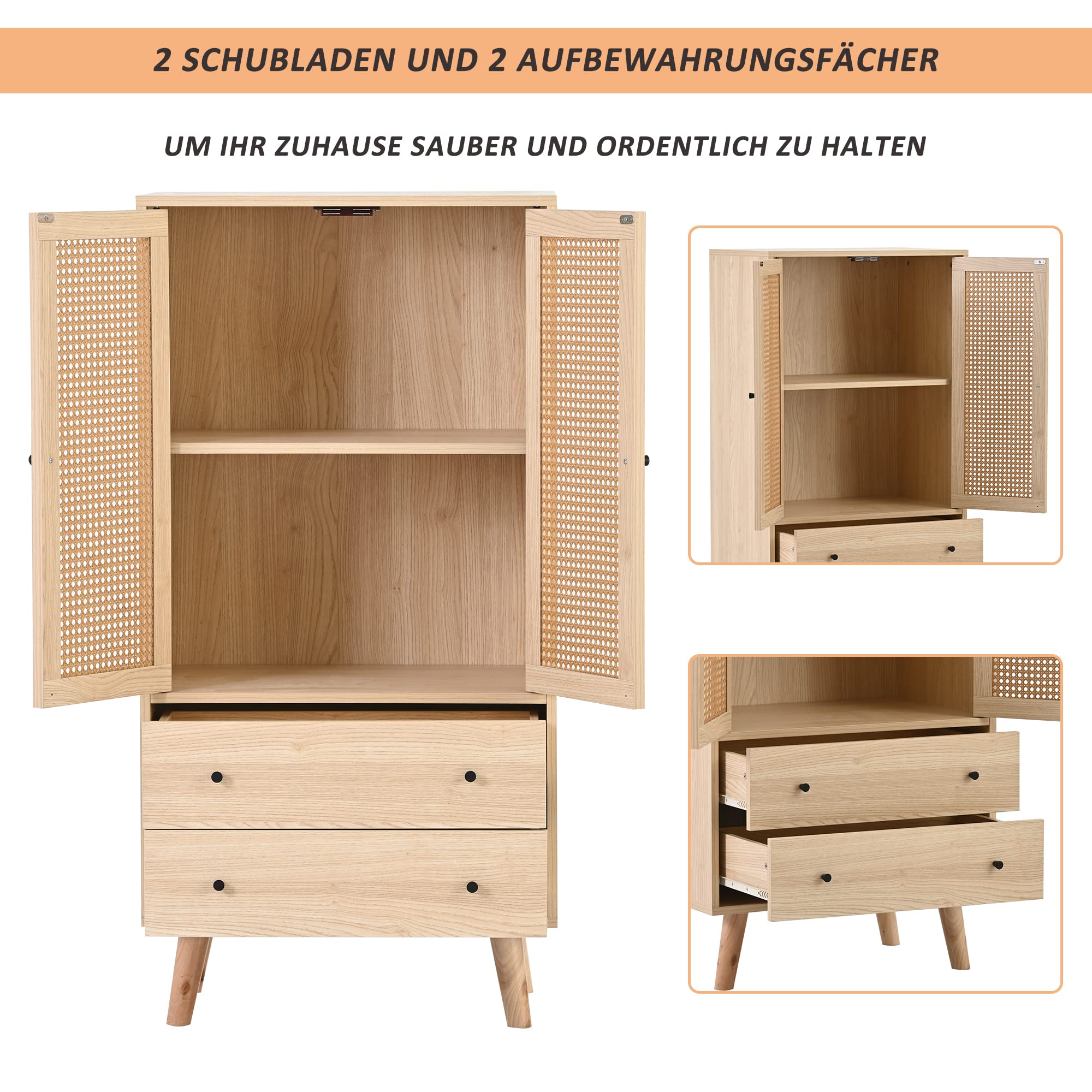 Merax Kommode mit 2 große Schubladen und 2 Türen, Badezimmerschrank aus Holz mit Rattan Türen, Highboard Küchenschrank Bücherschrank, für Schlafzimmer & Wohnräume & Büro, Offwhite, 60 x 40 x 120 cm