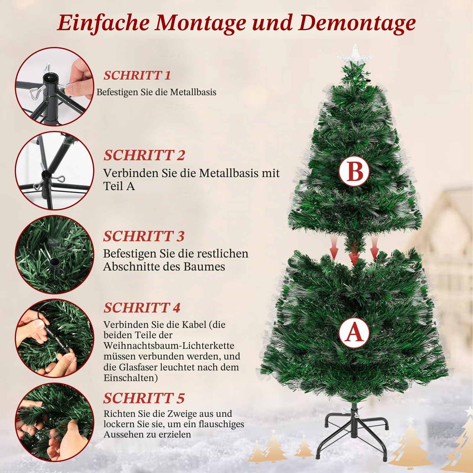 Uten 120 cm Künstlicher Weihnachtsbaum, mit integrierten mehrfarbigen Glasfaser Licht, 125 PVC-Spitzen, Vorgeleuchteter Tannenbaum mit Metallständer