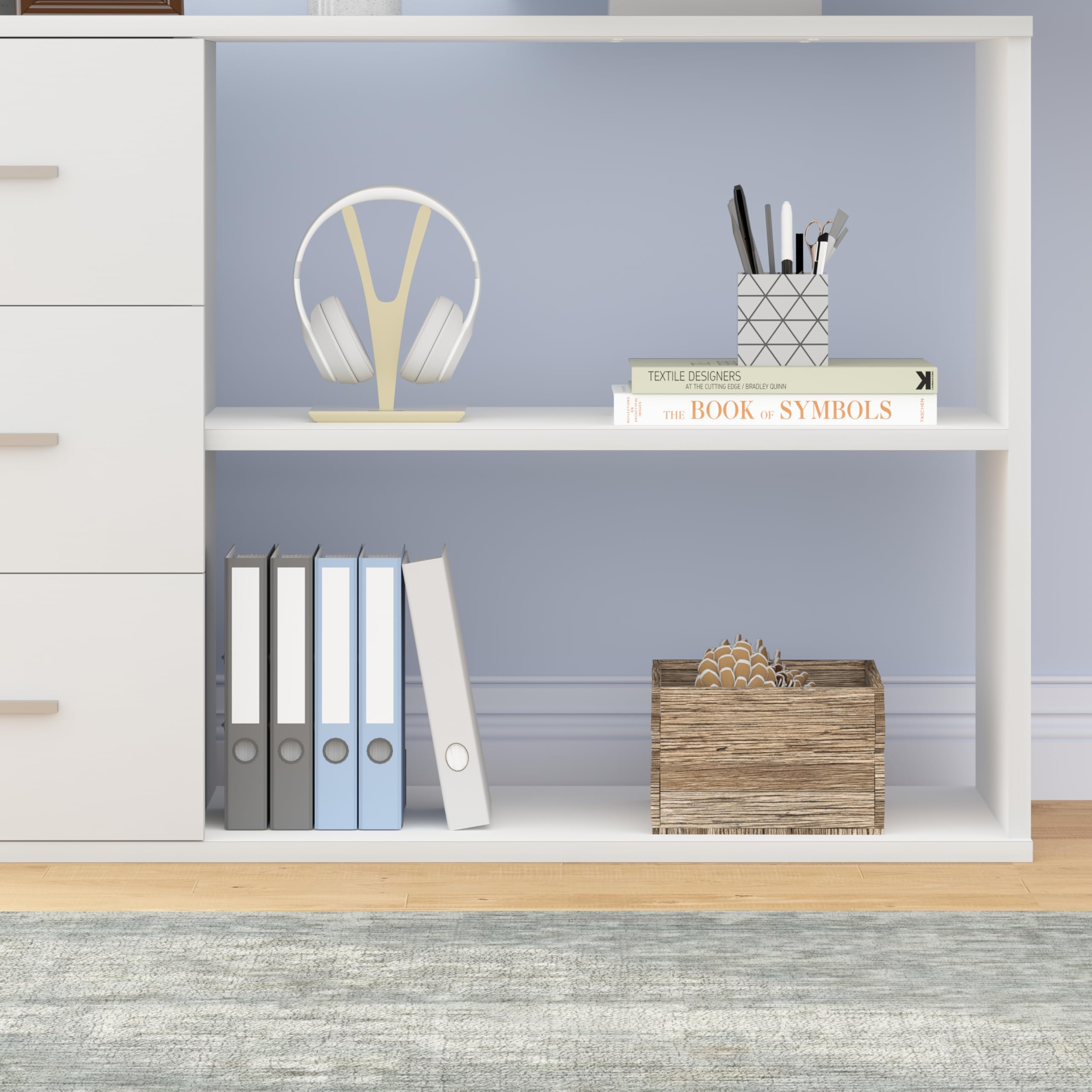 HSH 140cm Schreibtisch Weiß L Form Modern Umkehrbarer Eckschreibtisch | Bürotisch mit Stauraum für Homeoffice Computertisch mit 3 Schubladen und 2 Regalen für Büro
