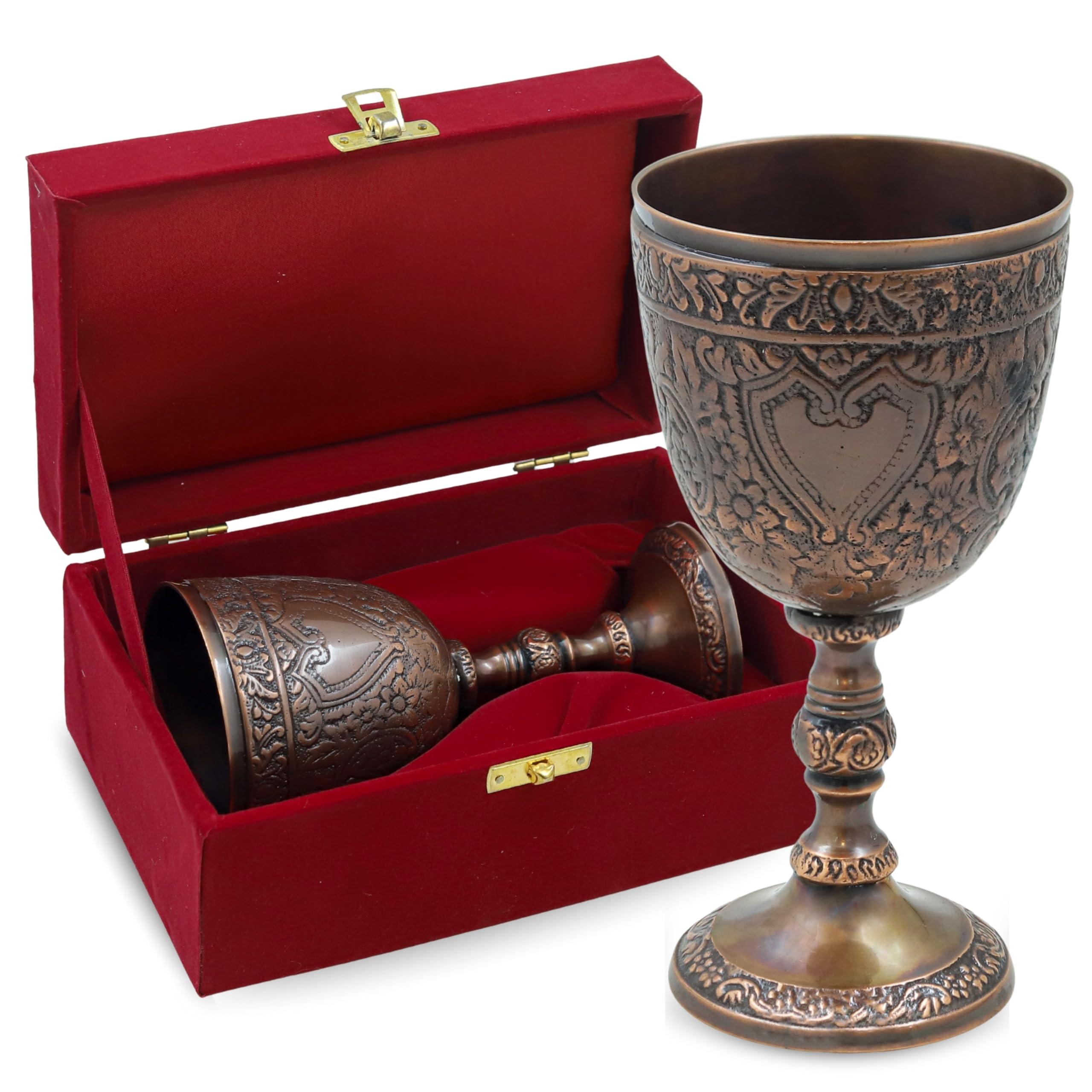 Calice Chic Verre en laiton bronze antique – Fabriqué à la main – Calice à vin gravé de style vintage avec motif floral et cœur – Tasse décorative avec boîte cadeau en velours pour temple, bar, rituel