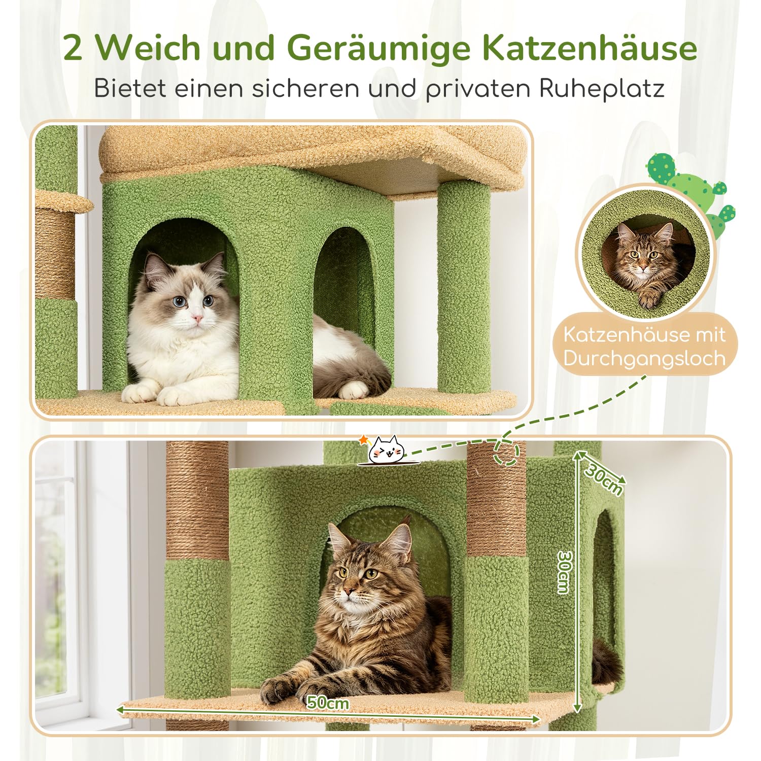 Globlazer Kratzbaum Kaktus Grün Große XXL 204 cm mit 2 Extragroße Gepolsterte Plattform 50*30CM, 2 Große Katzenhäuse, 3 Korb, Sisal Kratzbrett, Stabil Katzenbaum für 3-5 Groß Katzen Innen (S80G, Grün)