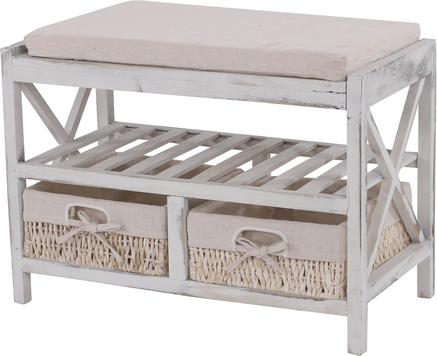 Panca Cassapanca Con Cuscino 119x40x85 Cm - Legno Di Paulonia, Bianco Antico - Foto 7