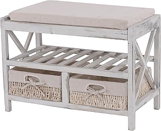 Mendler Serie vintage panca cassettiera con 2 ceste e ripiano HWC-C48 legno di paulonia bianco