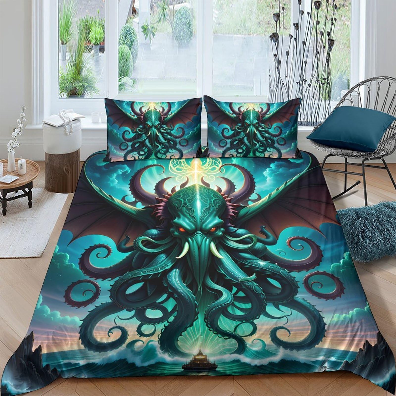GPLZQXKJNH 3D Printed Cthulhu Tentacle Duvet Cover Set Microfiber Soft Breathable Ocean Fantasy Quilt Cover with 2 Pillowcases for Bedroom Decor Single（135x200cm）