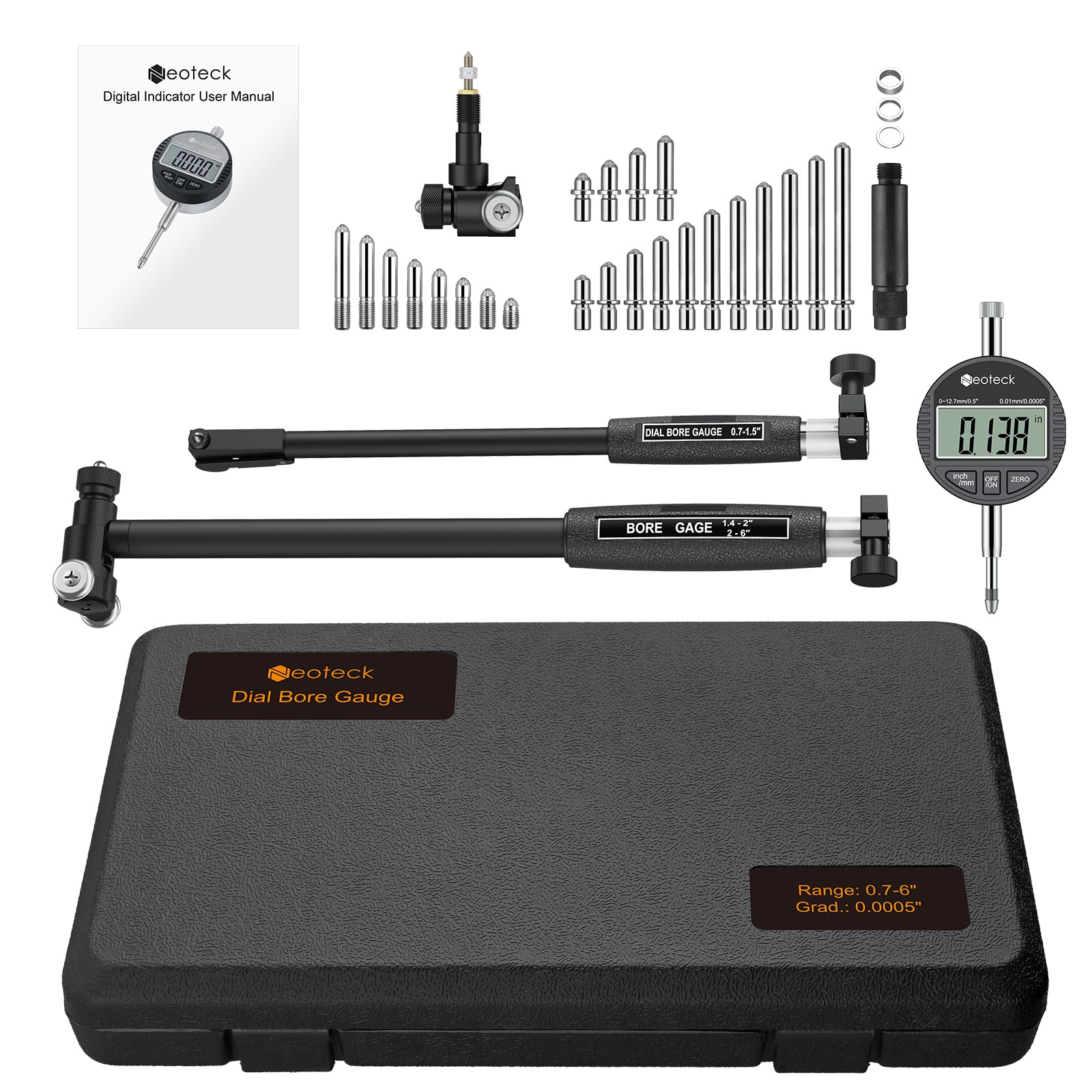 Cyfrowy czujnik zegarowy z średnicą cylindra, zakresem pomiaru 0,7"-6"/0,0005" i głębokością pomiaru 6" Zestaw czujników zegarowych z 23 kowadłami do pomiaru cylindrów silnika - czarny