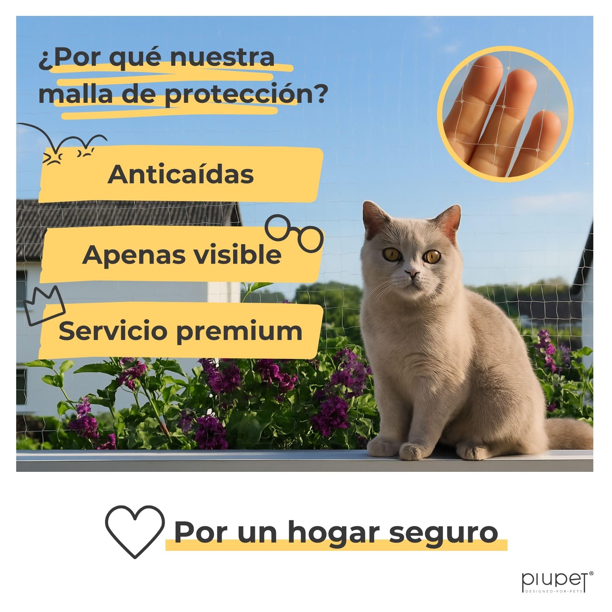 PiuPet® Red para Gatos I 4x3m I Transparente I para Balcón y Ventana I Incluye Set de fijación I Red para Gatos terraza I Red para Gatos Balcon | Protector Ventana Gatos | Red Proteccion Gatos