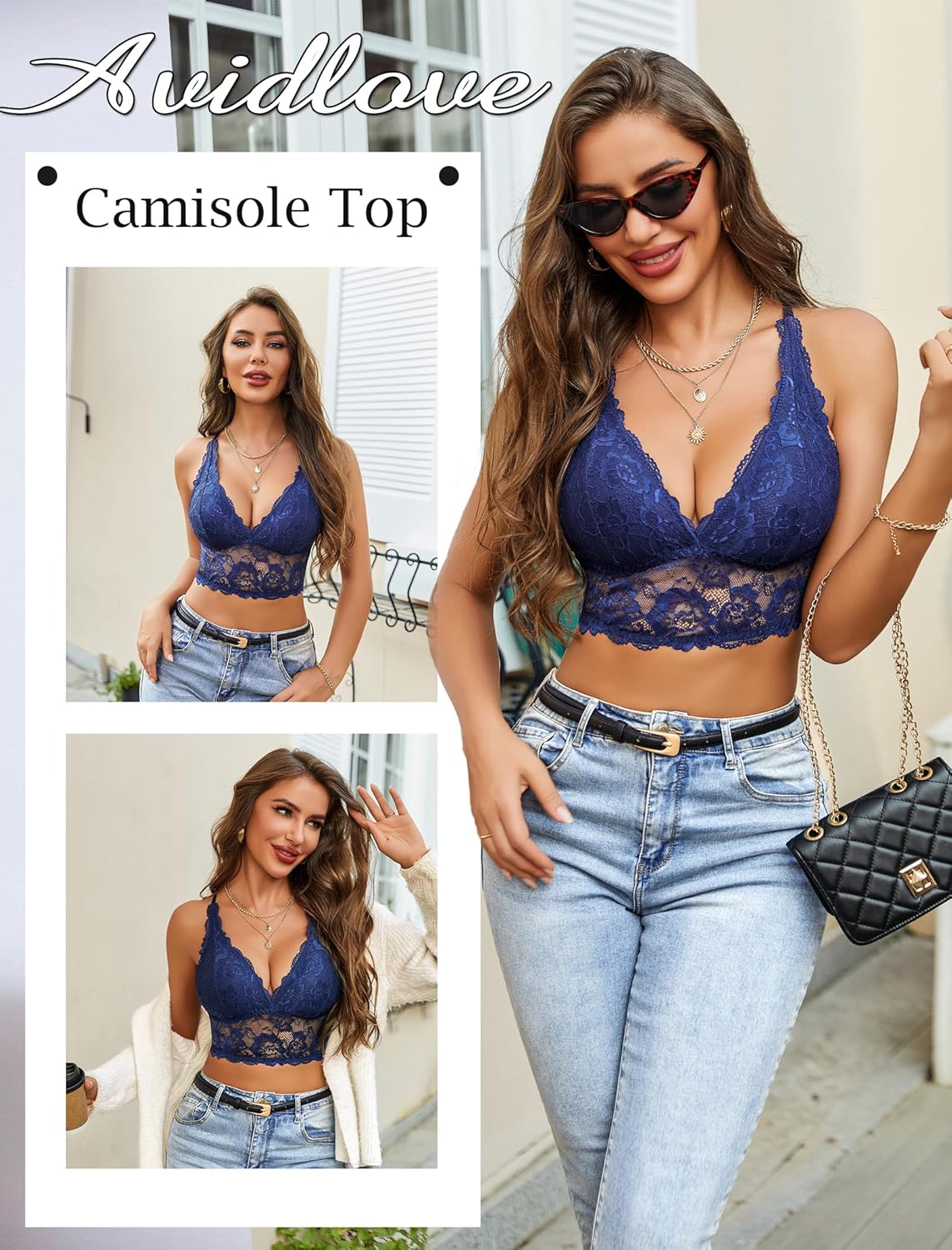 Avidlove Bralettes for Women Lace Wireless Bra V Neck Racerback Crop Top Adjustable Lingerie No Padded - Image 4