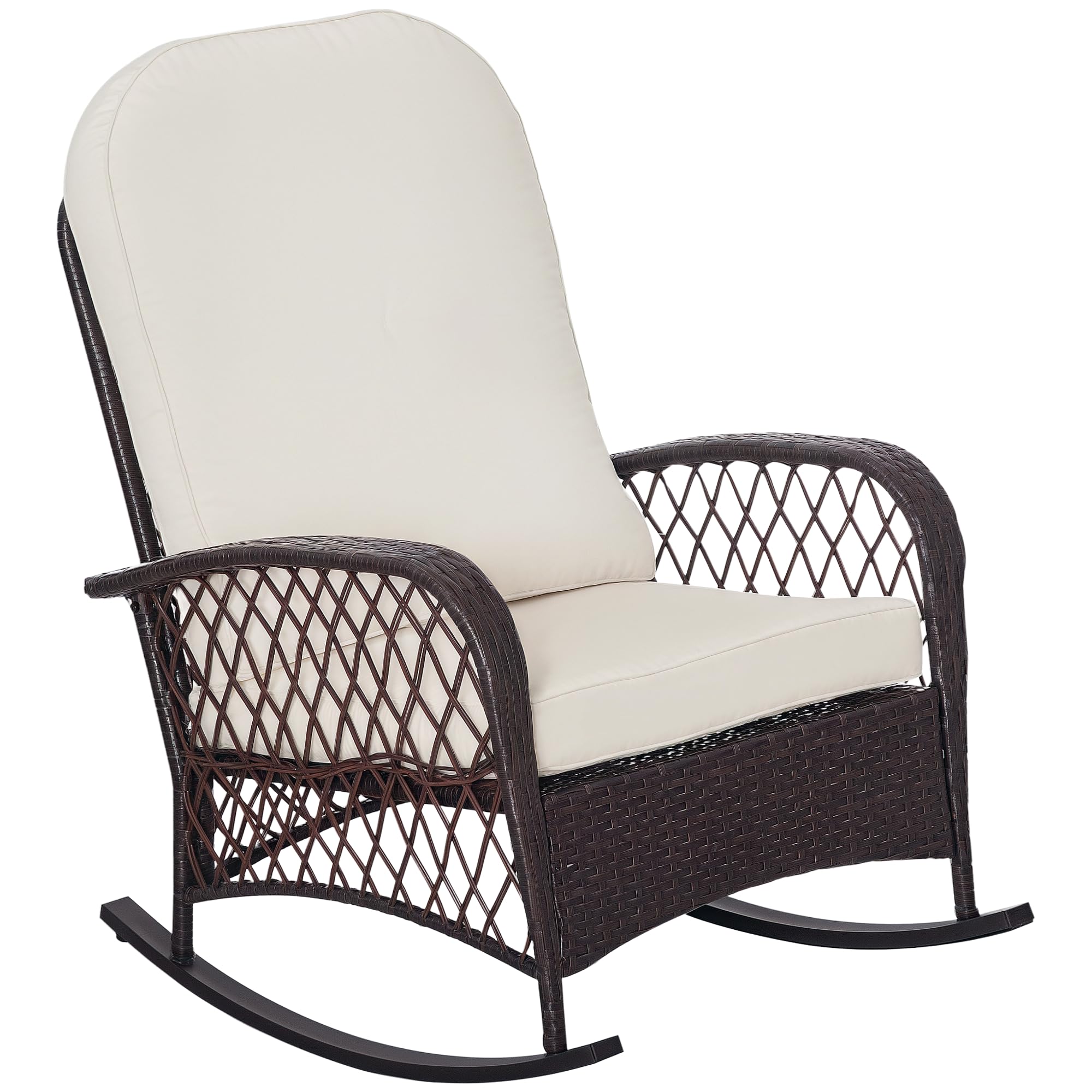 Mecedora de mimbre para exteriores con asiento ancho, cojín grueso, balancín de ratán con marco de acero para patio, jardín, patio trasero, color blanco crema
