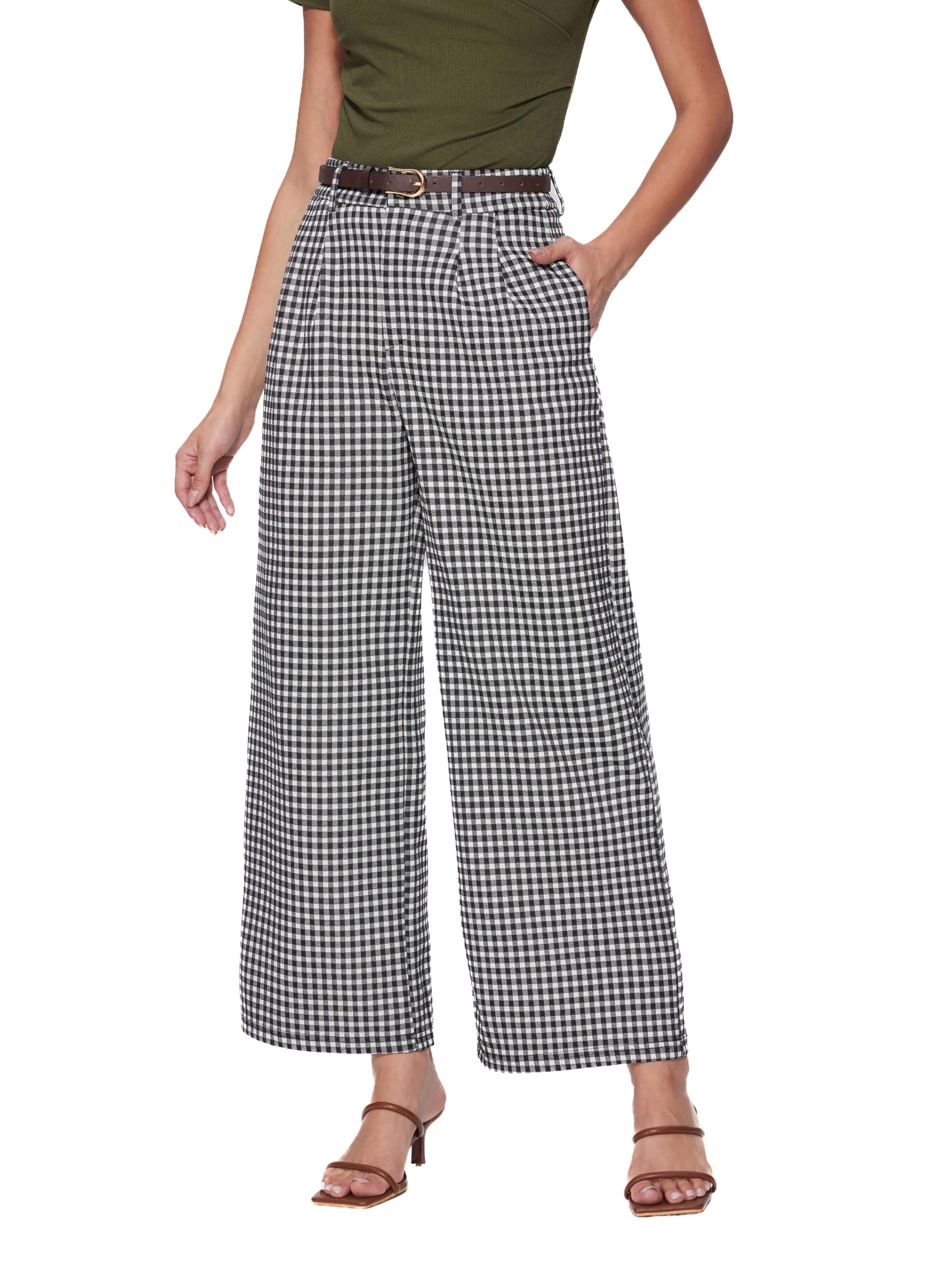 Vinova Womens Wide Straight Leg Pants Summer Plaid Pleated High Waisted Casual Work Pants