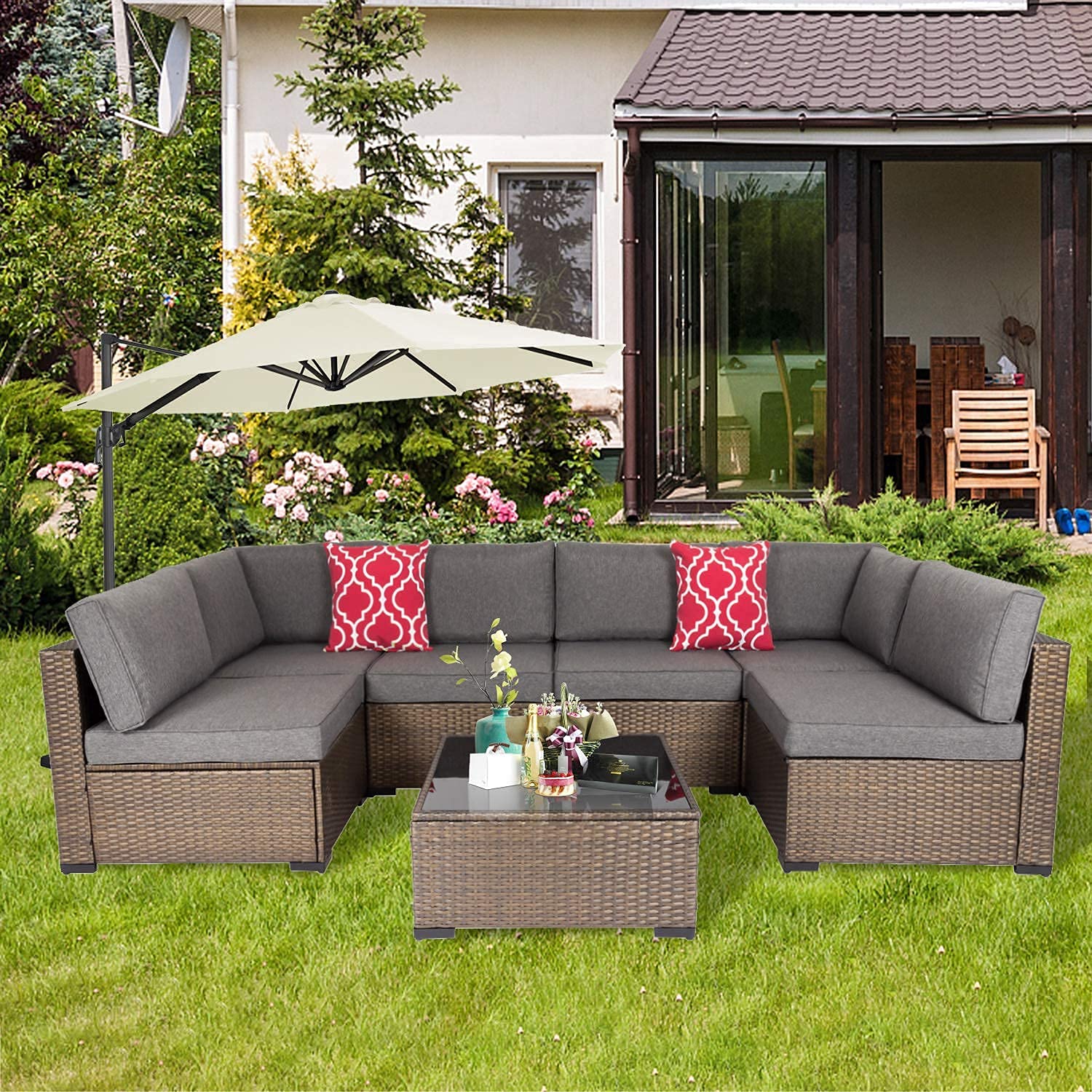 Kinsunny 7 Piece Outdoor Patio Furniture Set Wicker Sectional Sofa with 2 Pillows and Tea Table Patio Rattan Conversation ...