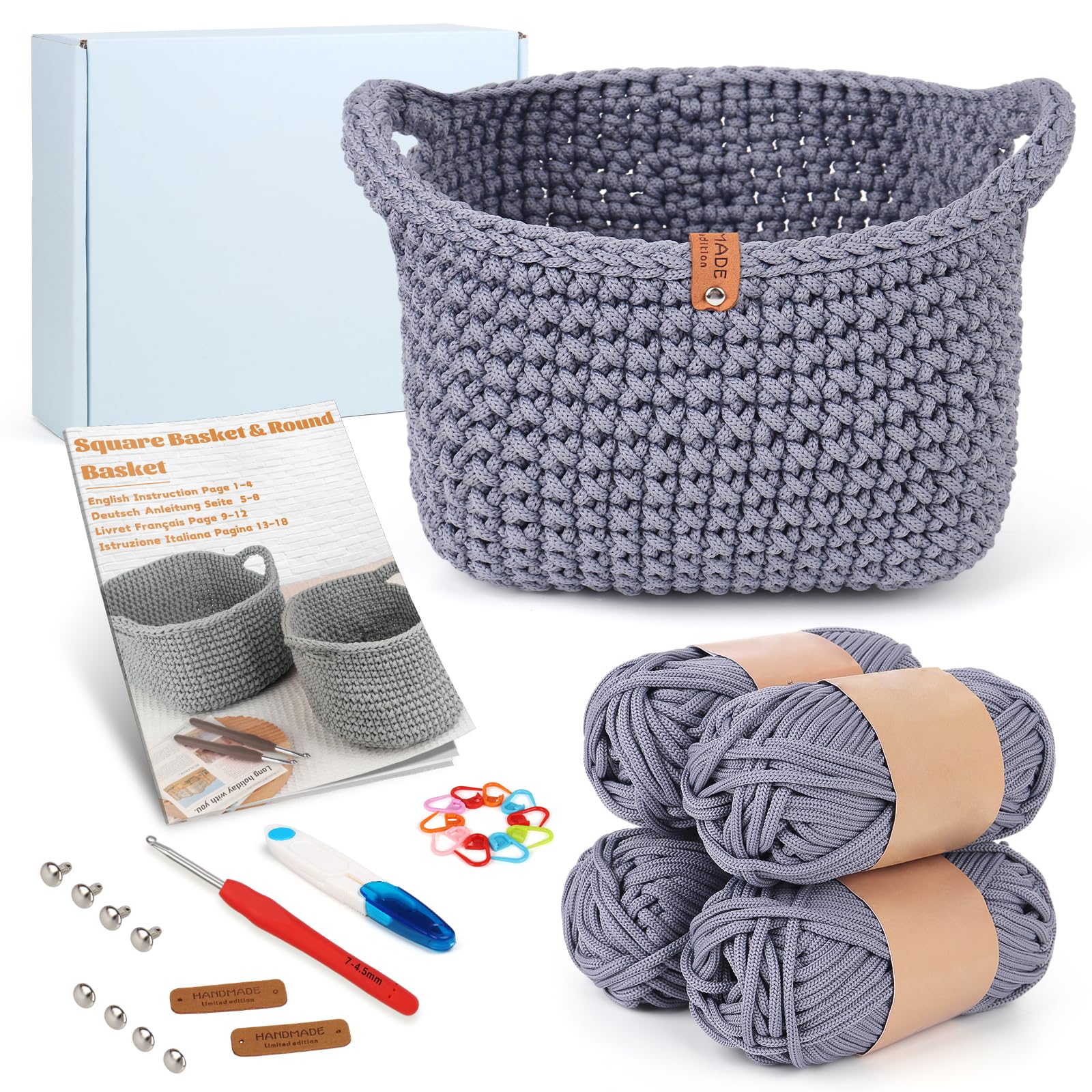 Reessy Crochet Kits for Beginners Adults, Crochet Basket Kit, Complete Basket Start Kit with Instruction, Crochet Hook, Thick Yarn, Beginners Crochet Kit for Adults to Learn Crochet-Grey