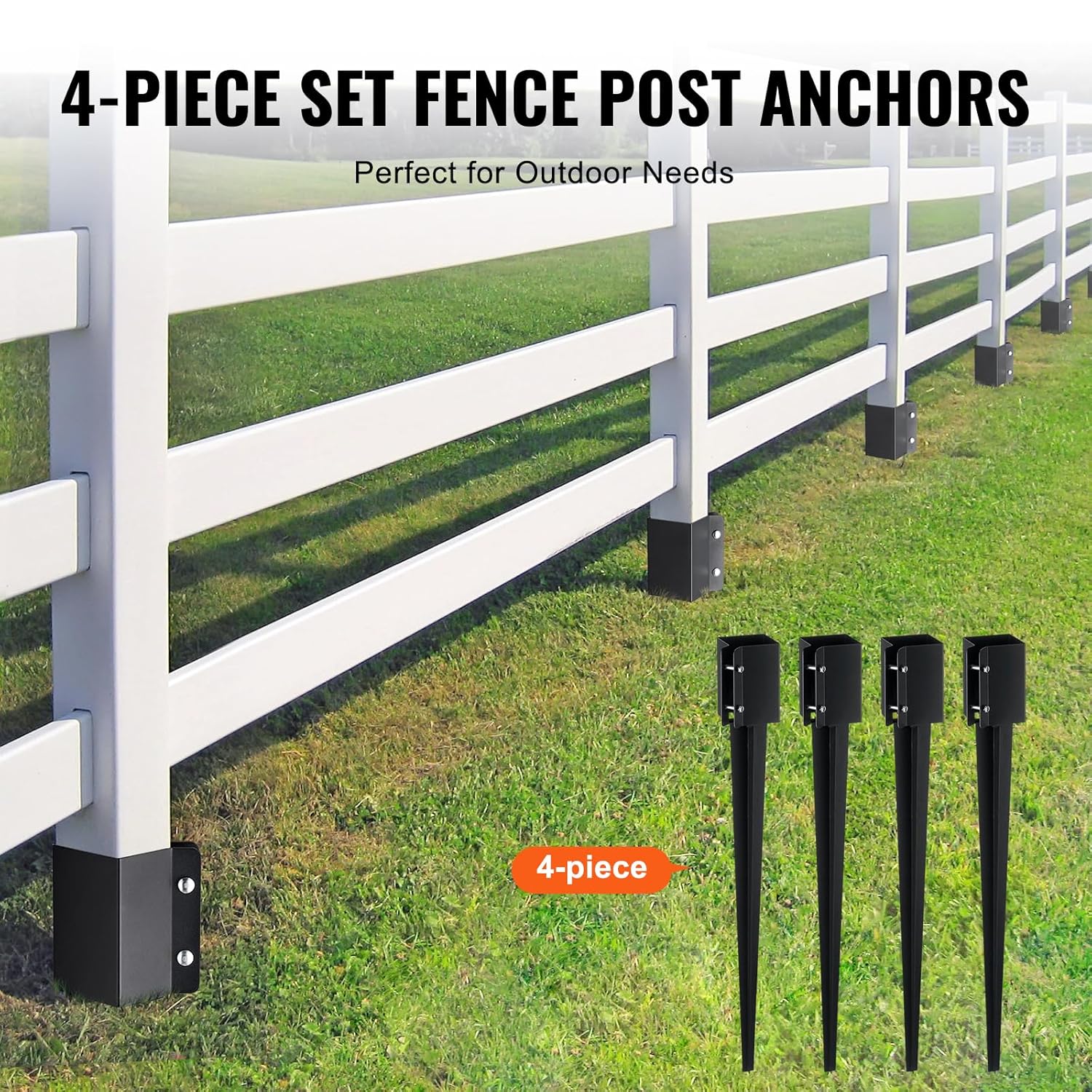 VEVOR Fence Post Anchor, 4-Pack Ground Spike, 36x4x4 OD (3.5x3.5 ID), Durable Metal, Black Powder Finish, Ideal for Mailbox, Deck, and Garden Railings