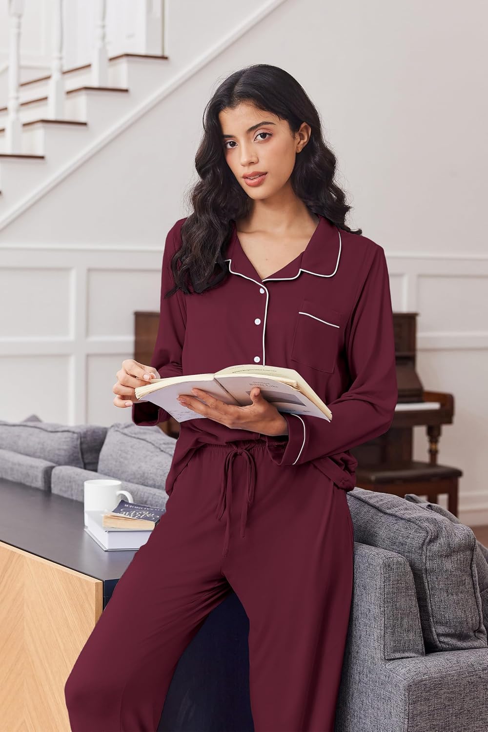 Ekouaer Pajama Sets Women Classic Long Sleeve Button Down Sleepwear Soft Pjs Lounge Sets - Image 3