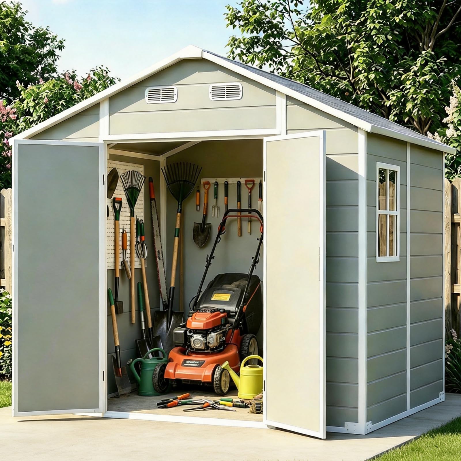 LARBANKE Caseta de Jardín Exterior 2,4×1,8m con Suelo — Cobertizo de Resina, Puerta con Cerradura, Ventilación, Impermeable, Techo Inclinado Antilluvia, Montaje en Kit, Gris