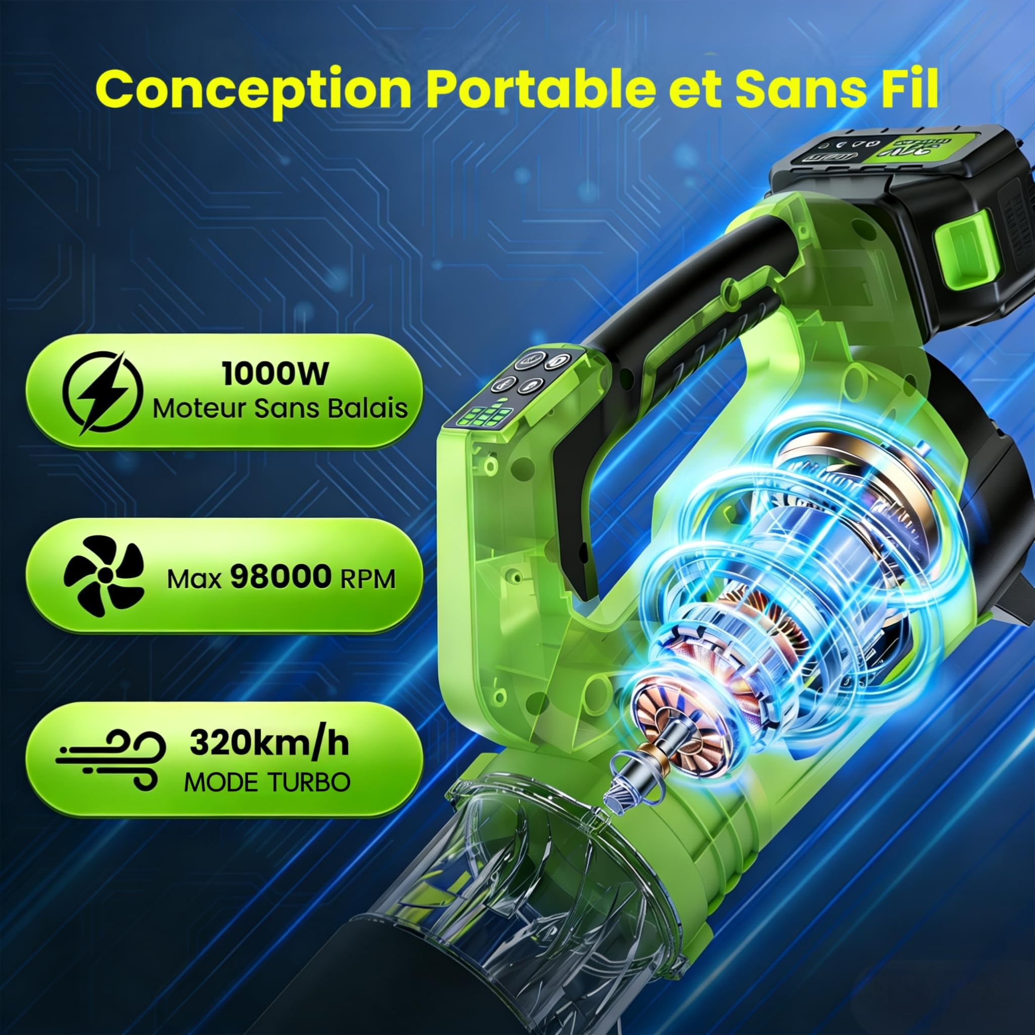 Souffleur Batterie avec 5 Vitesses, Vitesse d’air Jusqu’à 320 Km/h, 750 CFM | 98000 RPM Souffleur Feuille avec 2 x 4000 mAh Batteries, pour L'entretien de la pelouse, Le dépoussiérage et Le déneigement