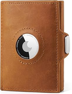 AirTag Wallet, Credit Card Holder Slim Wallet RFID Blocking Genuine Leather Minimalist Wallet with Banknote Compartments, ID Window, Coin Pocket & Snap Closure Men Wallets with Gift Box