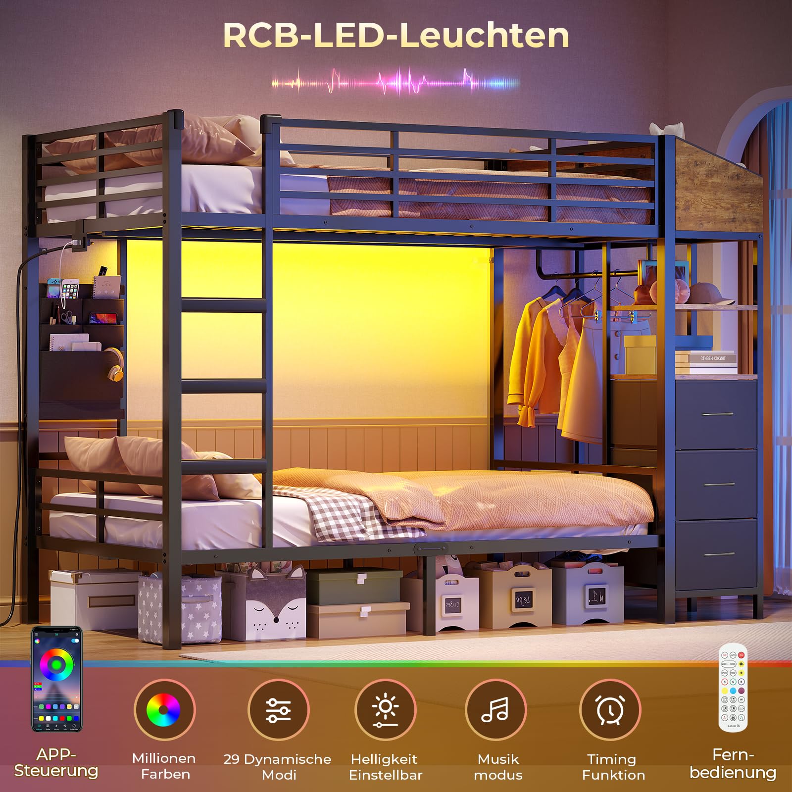 AOGLLATI Hochbett 90x200 mit LED Beleuchtung und Ladestation Kinderbett 90x200 mit Treppe und Rausfallschutz Platzsparendes Kinder Etagenbett Jugendbett mit Garderobenständer und Stauraum