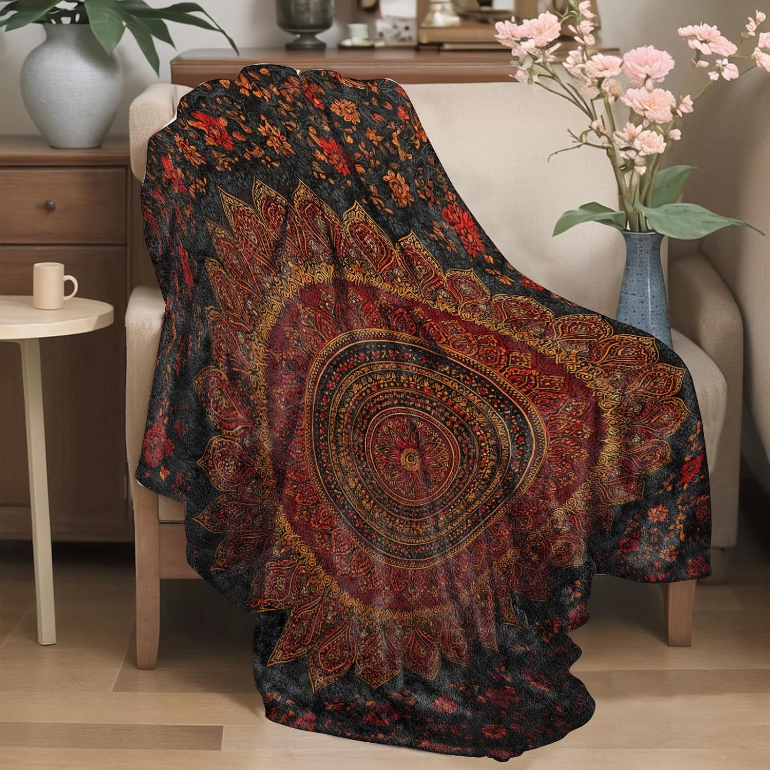 Bohemian Mandala Design Flannel Blanket Intricate Floral and Paisley Warm Lightweight Throw Blankets for Sofa Picnic Travel and Gathering Decorate All Season Use Boho Lovers Gifts 50x60in - Image 2
