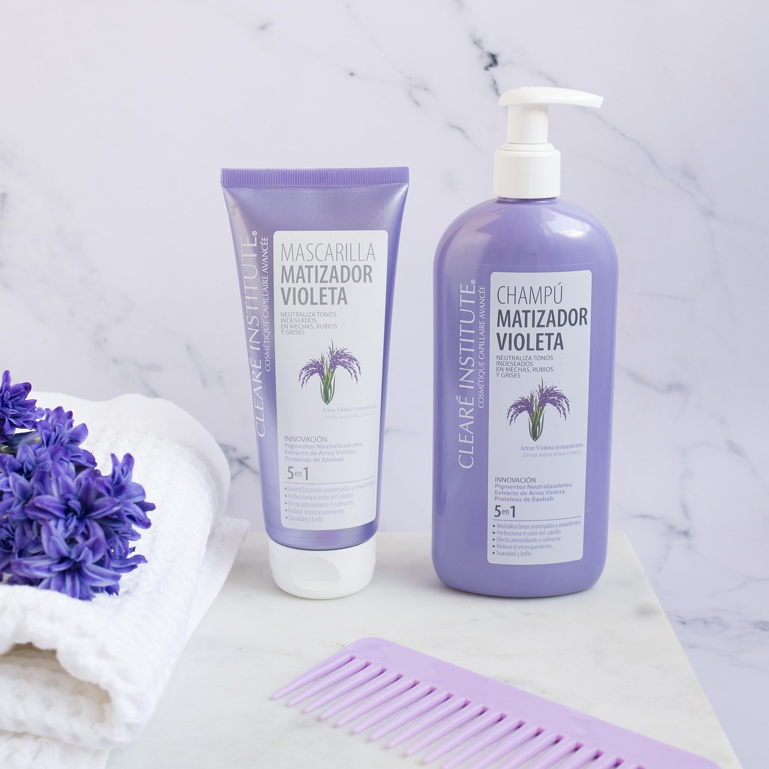 Clearé Institute Mascarilla Matizadora Violeta, Sin Sulfatos, Parabenos o Siliconas, Anti Frizz, Matizante Pelo Blanco, Gris, Canas, Rubio Teñido y Mechas, 96.6% Ingredientes Naturales, 200 ml