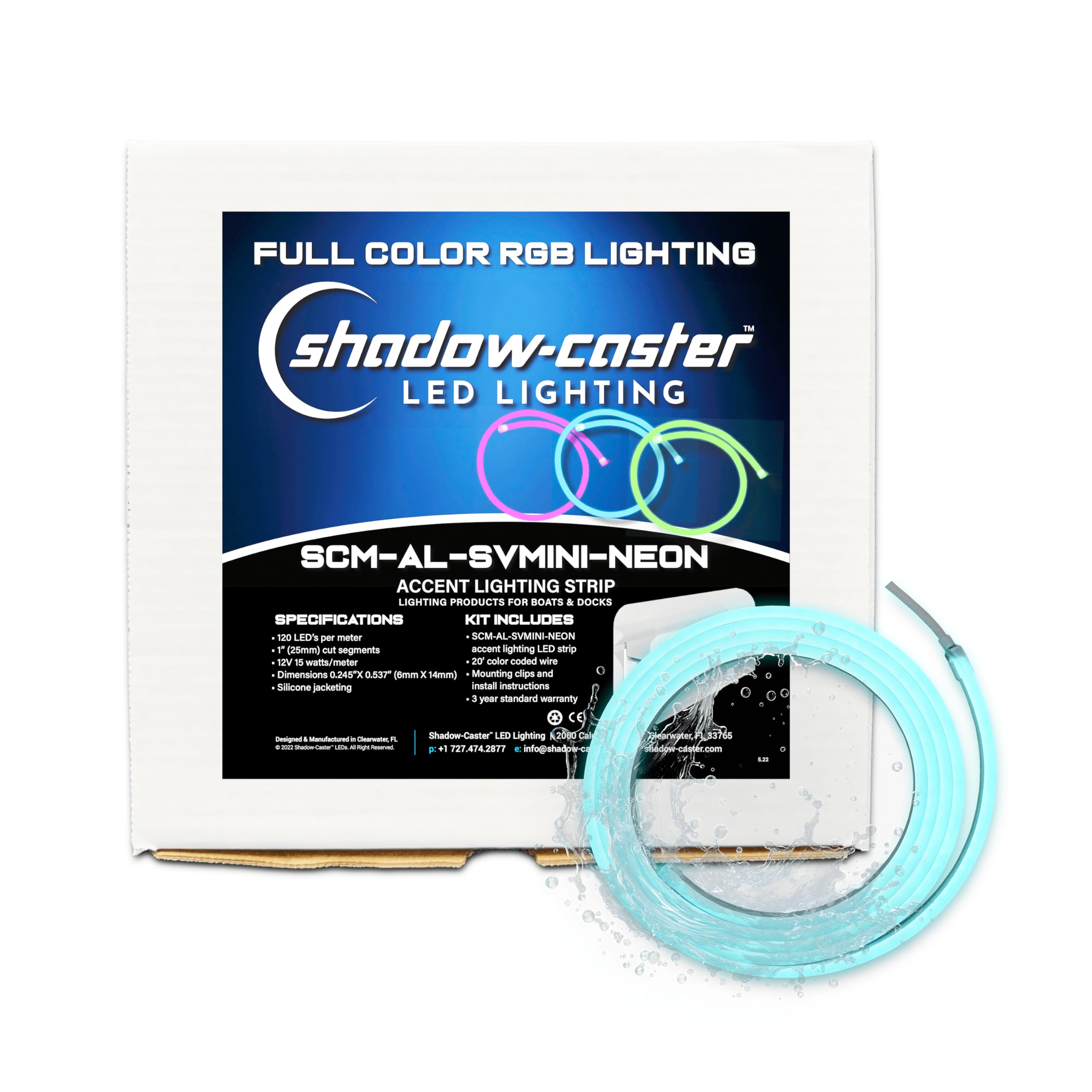 shadow-caster Side Illuminating MINI NEON Light Strip - 8' (2.5m) Length - RGB - 12V - 8 Clips & 2 End Caps - Silicone Housing - Waterproof