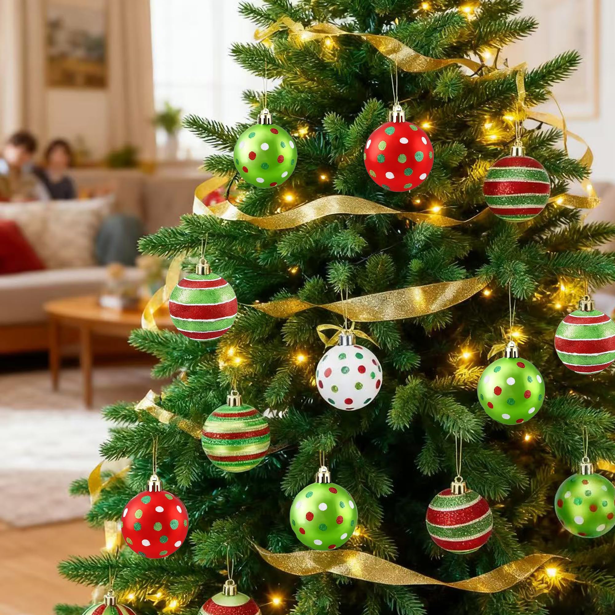 24 Stück Weihnachtsschmuck 6,1 cm – schillernde, bruchsichere Weihnachtsbaumkugeln, reichlich rot/grün/weiß, vorgebundene Weihnachtskugeln, hängende Ornamente für Feiertage, große Bäume