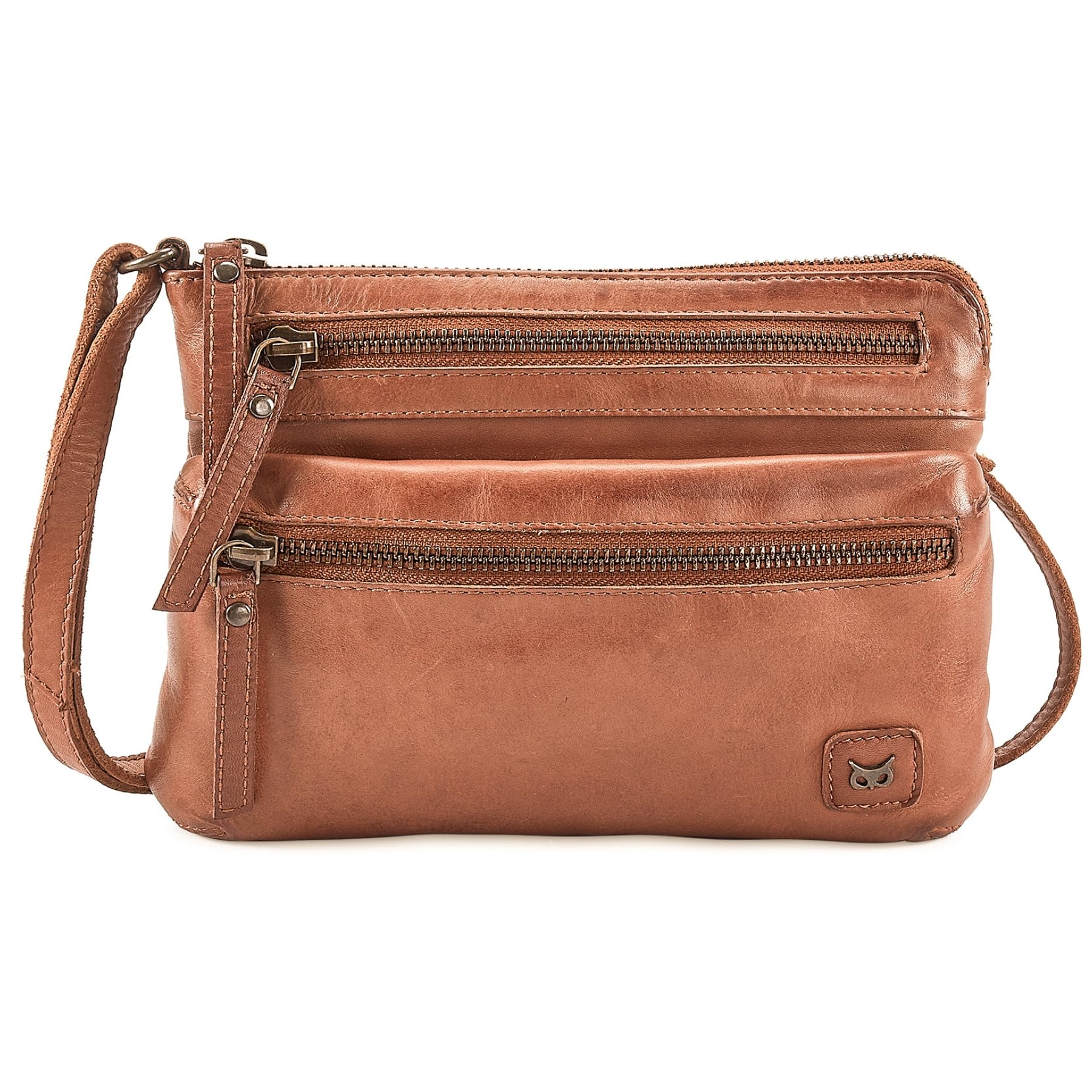 Wise Owl Accessories Bolso bandolera pequeño de cuero real con triple cremallera para mujer - Bolso bandolera cruzado vintage de primera calidad (Vintage lavado coñac)