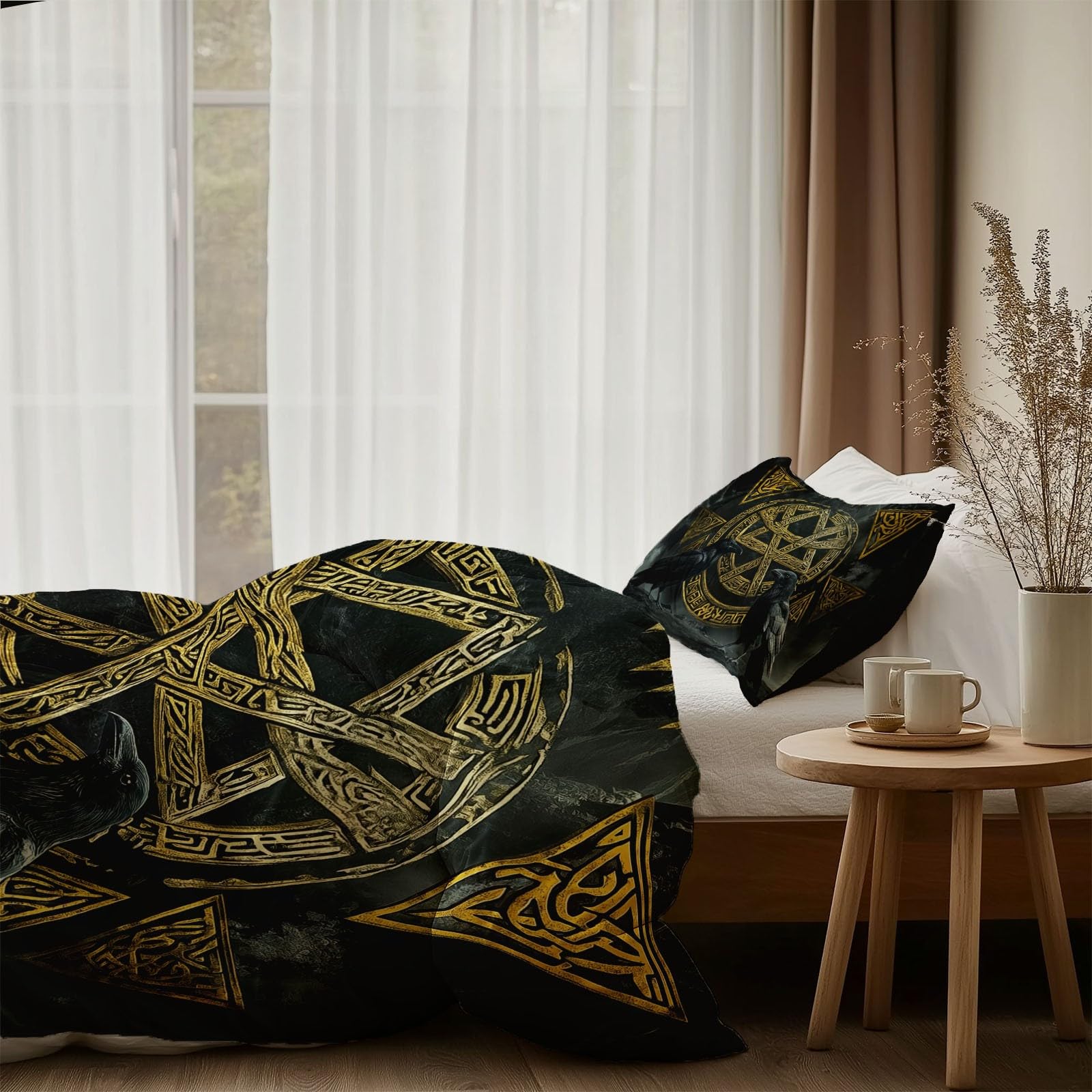 Dwustronna poszwa na kołdrę z mikrofibry 240 x 260 cm - Ciemny Totem Kruk Super miękka poszwa na kołdrę z zamkiem błyskawicznym, można prać w pralce - czarna 2 poszewki na poduszki