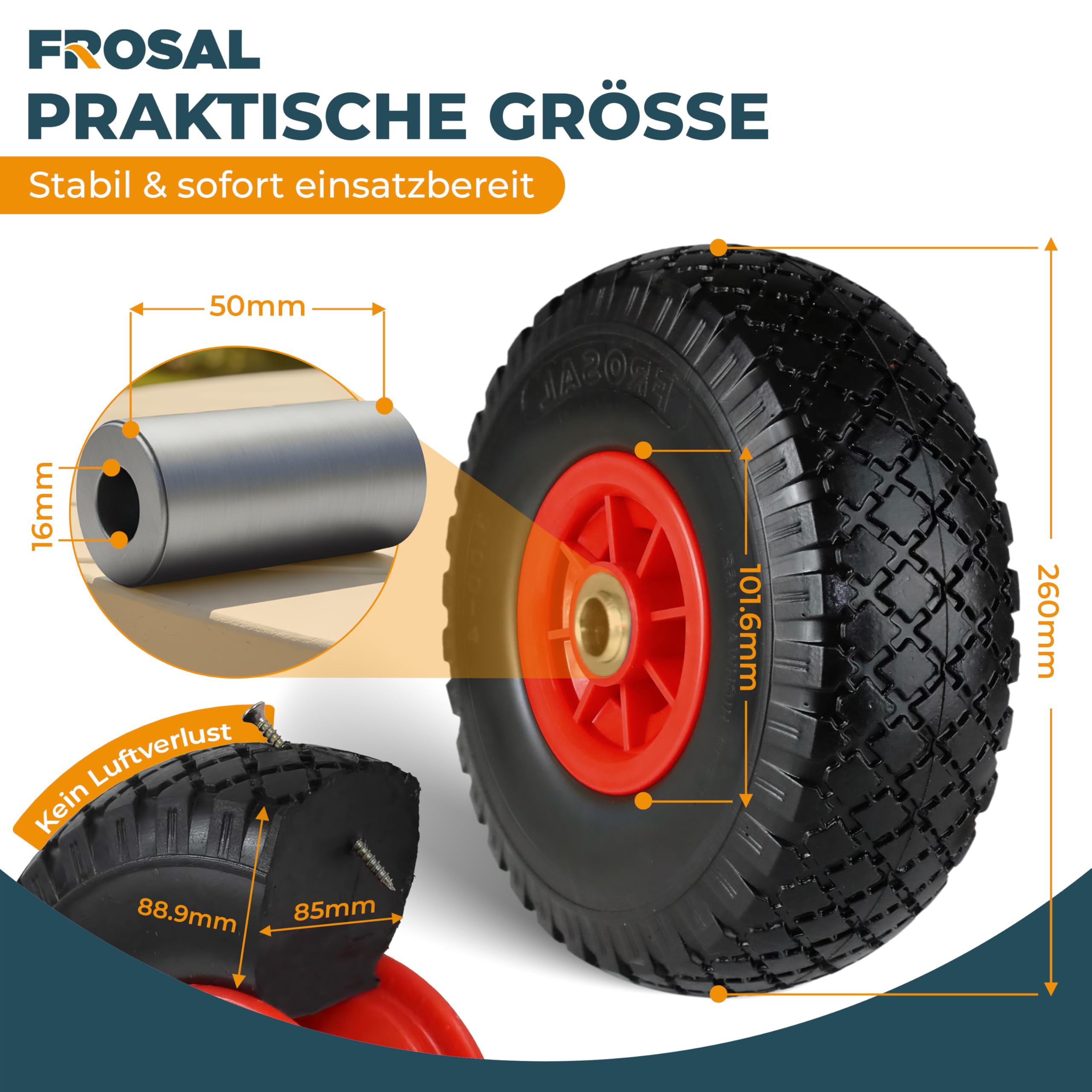 FROSAL Ersatzrad 3.0-4 (260×85) – 2 Stück – pannensicheres PU-Rad mit Kugellager – Nabenlänge 50 mm – Achse Ø 16 mm – rote Kunststofffelge – für Bollerwagen & Sackkarren