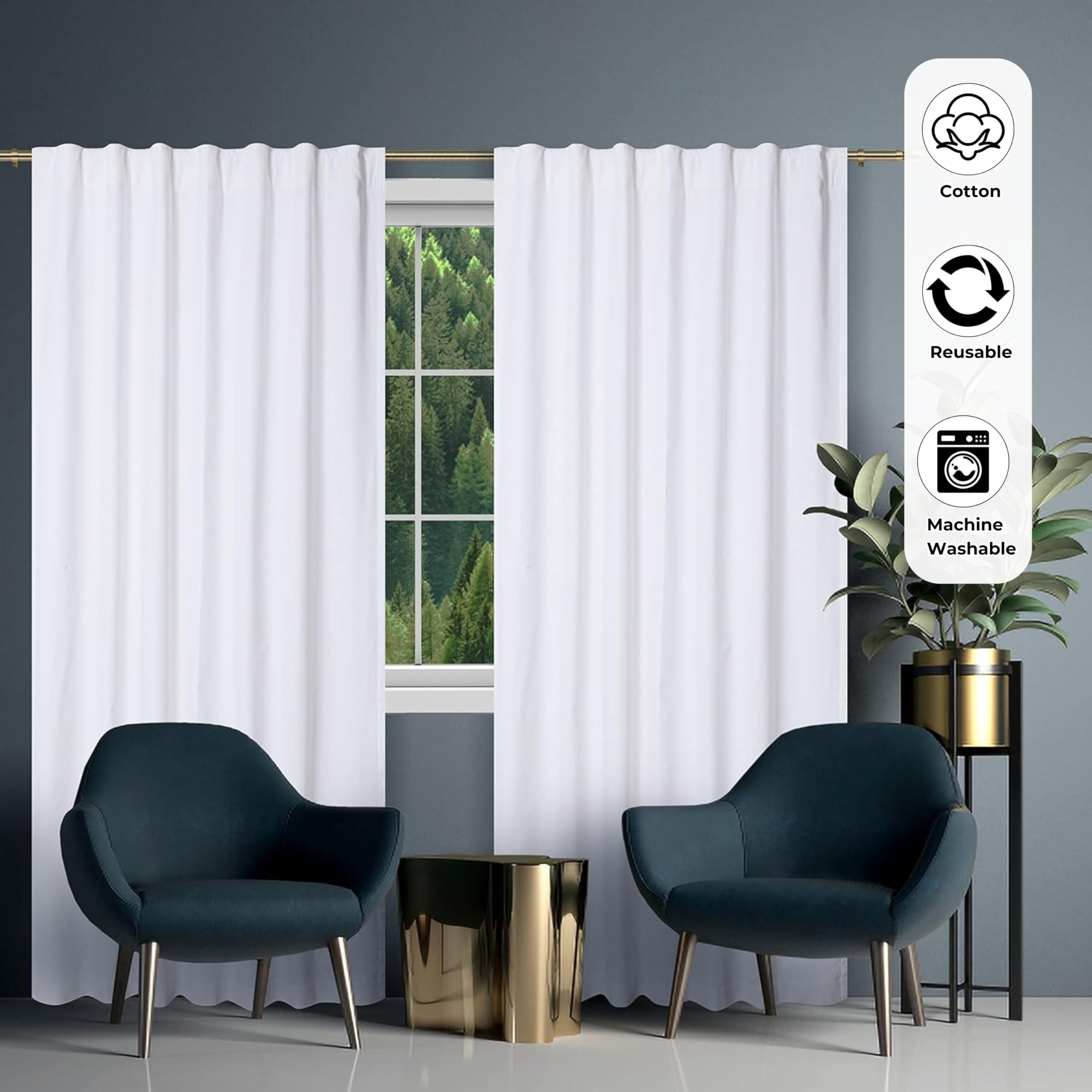 Amazon｜Bedding Craft ホワイトコットンカーテン、63インチタブトップ