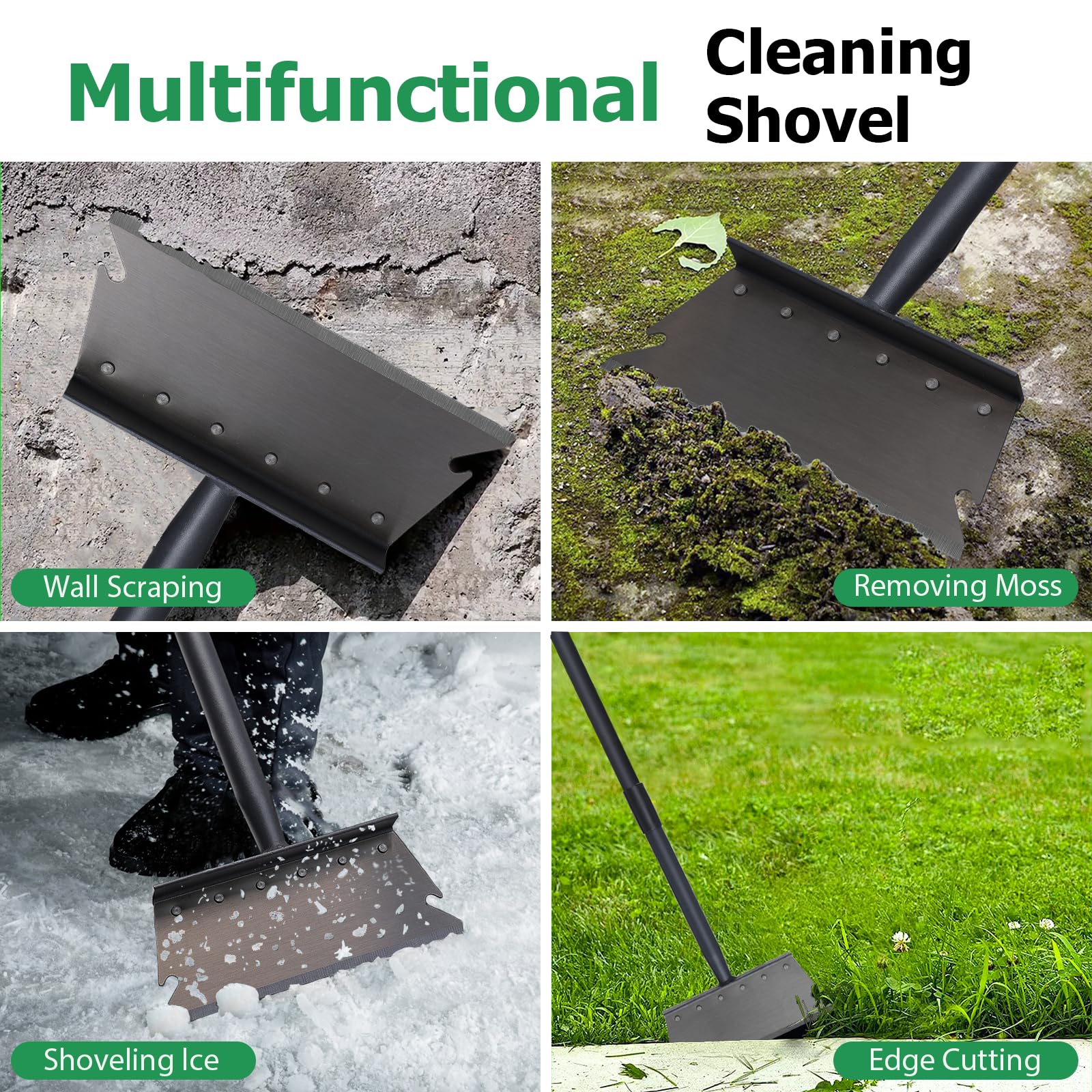 Pala de jardín, pala de nieve, raspador de hielo, pala de limpieza multifuncional con mango ajustable de 59 pulgadas, pala de limpieza de herramientas de jardín resistente para bordes de césped,