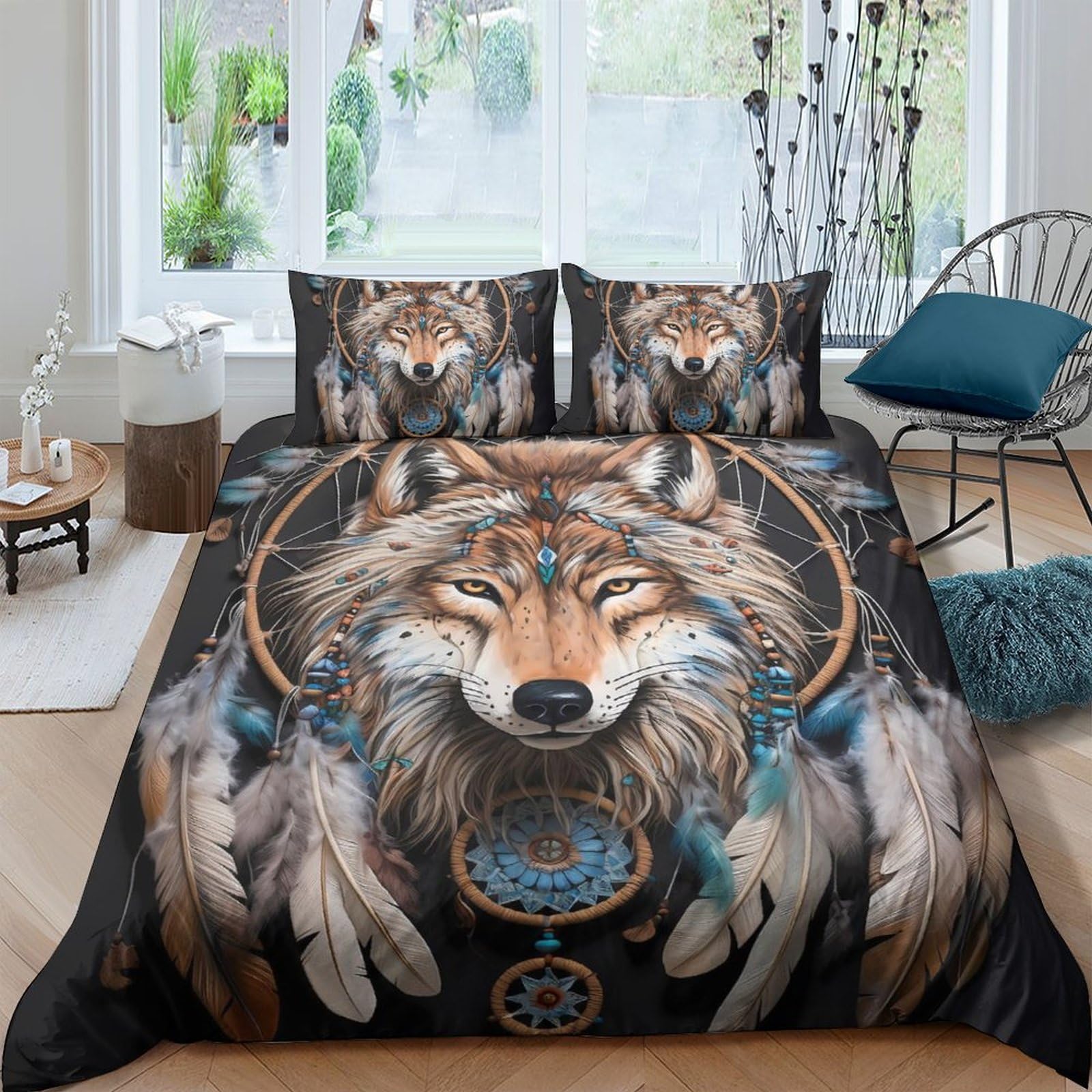 Ctjqhvkz Style-9 3D Printed Wolf Dreamcatcher Fitted Sheet Microfiber Soft Breathable Tribal Bed Cover For Bedroom Guest Room Decor Single（135X200cm）