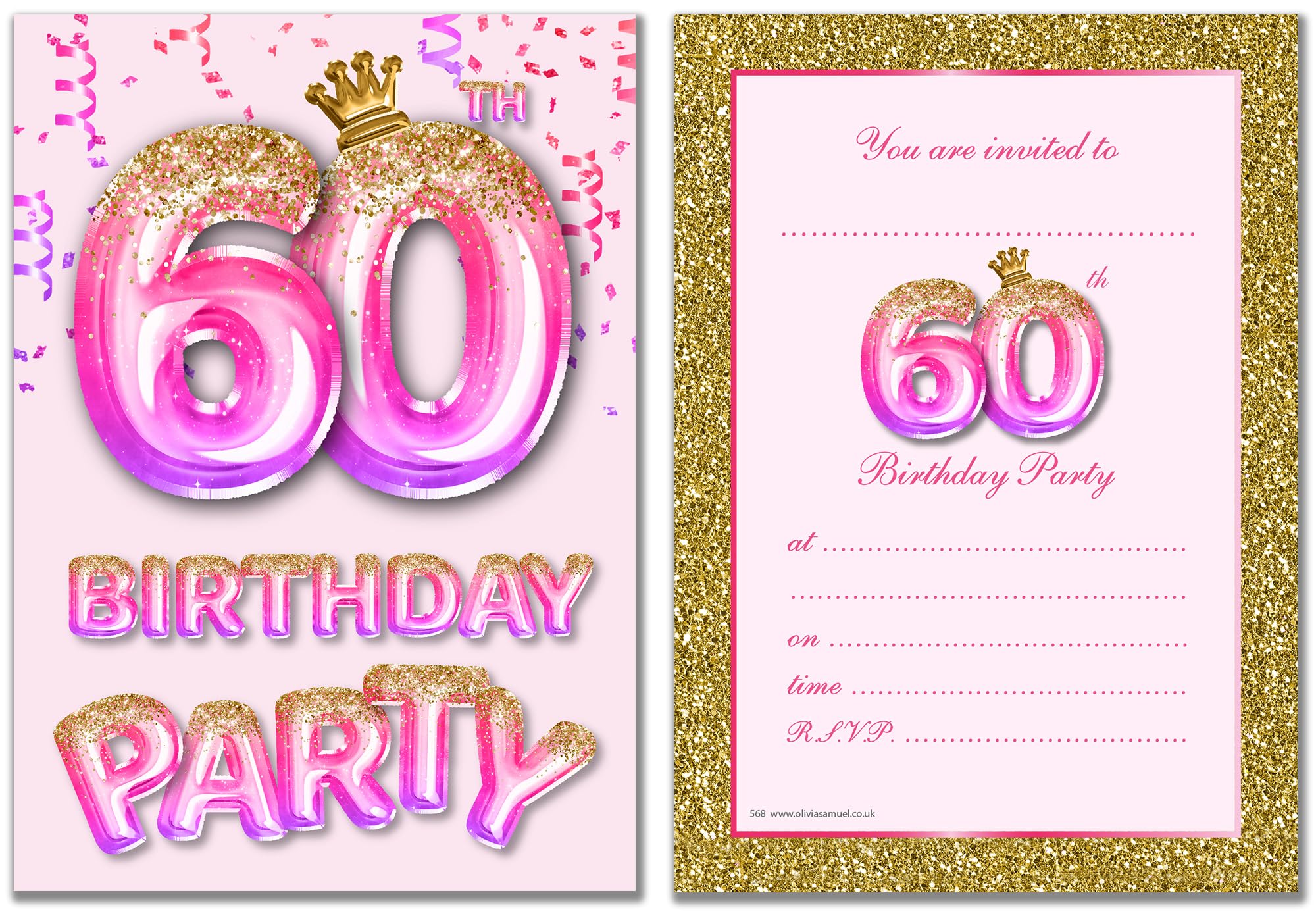 Olivia Samuel Paquete de 20 invitaciones de 60 cumpleaños con sobres, efecto rosa y dorado, listas para escribir, diseñadas e impresas en el Reino Unido