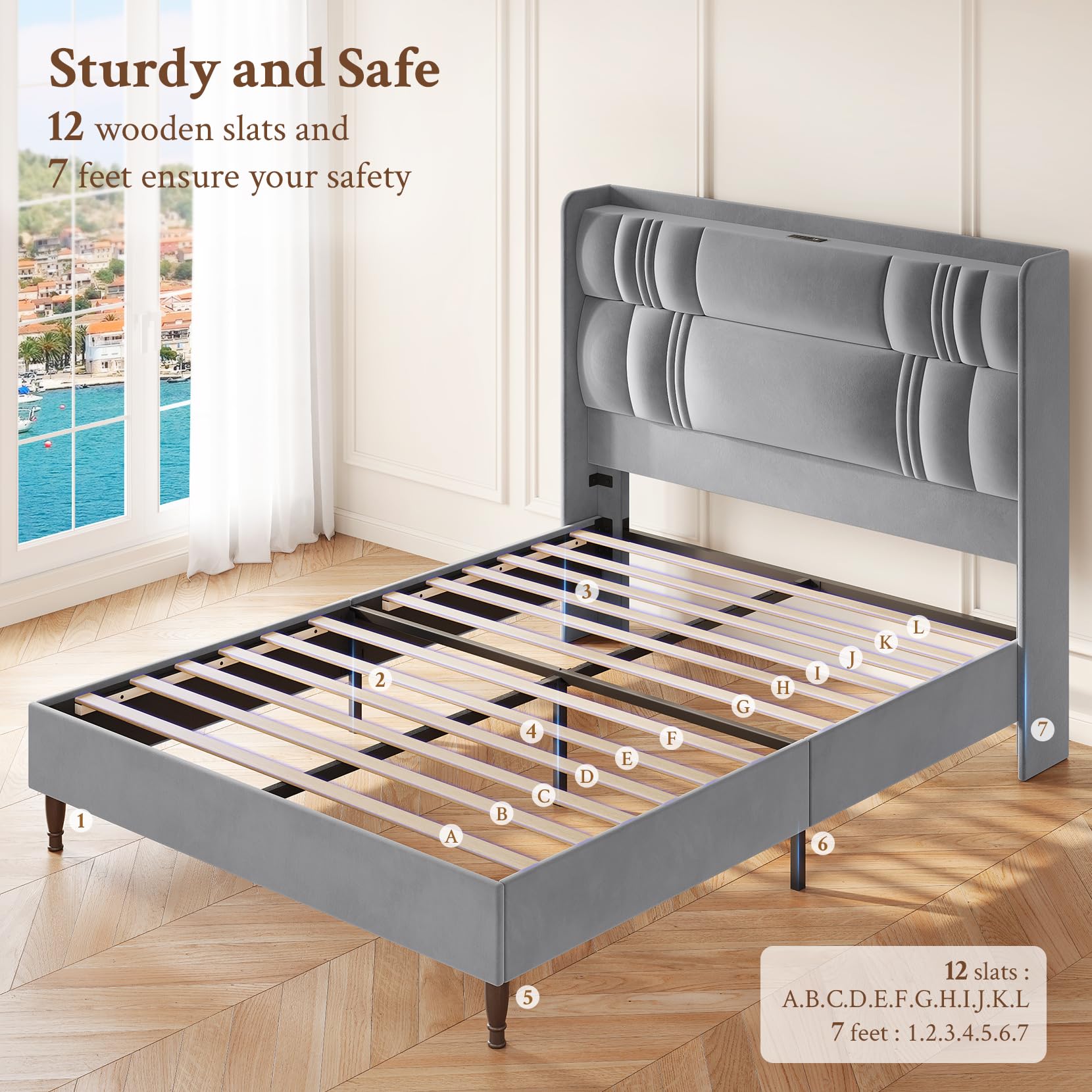 Amazon｜Welzona クイーンベッドフレーム 高さ52インチの布張りの