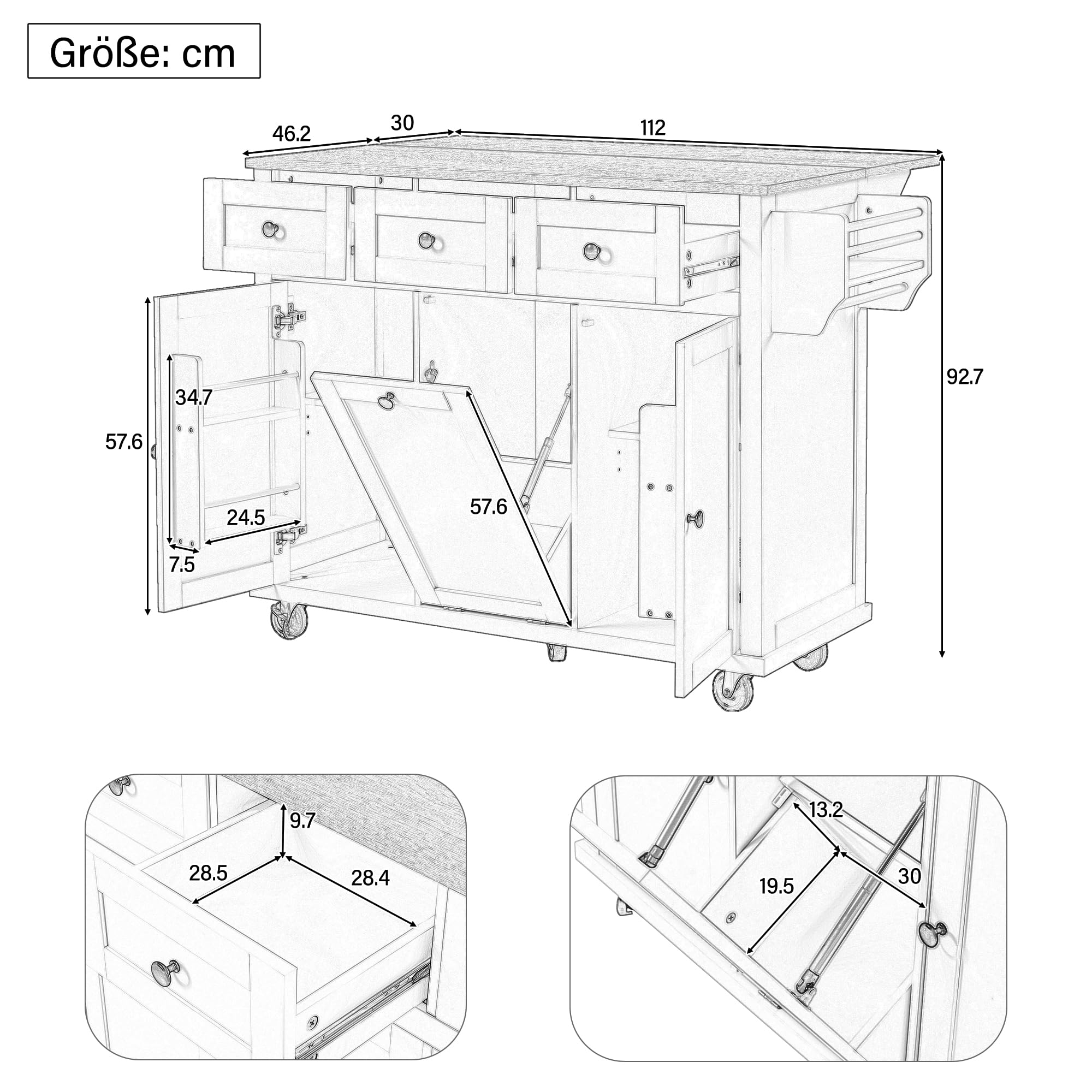Desserte de Cuisine à roulettes Îlot Central avec Plan de Travail Pliable,2 Portes avec Rangement,3 Tiroirs,poubelle et Étagères Réglables pour Cuisine ou Salle à Manger (Noir-01B-2026, 131X46X93cm)