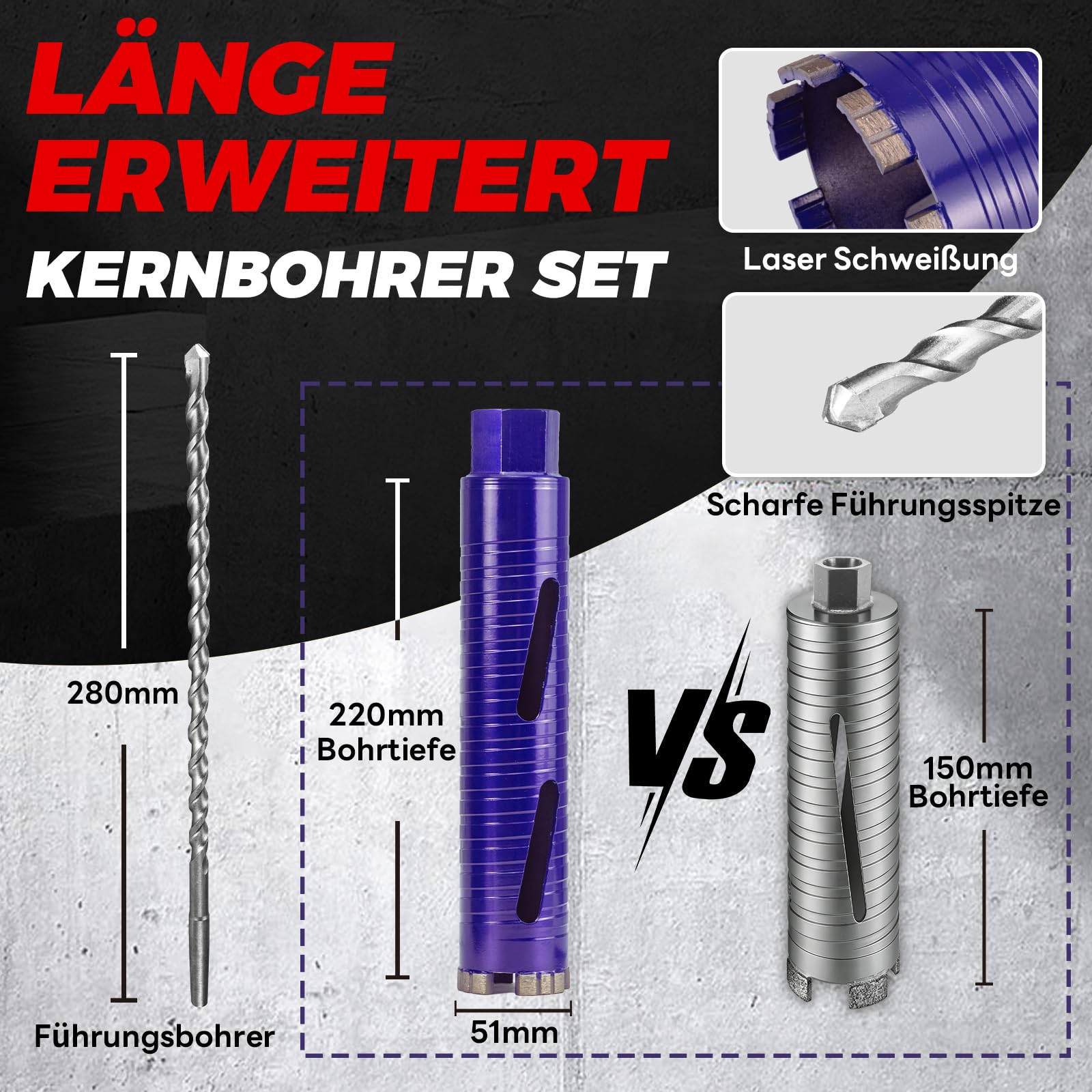 Extra lange Ø51mm x 220mm Länge Diamantbohrkrone – Kernbohrer mit M22 Gewinde, inkl. 2 SDS Plus Verlängerungen (240mm & 110mm) für tiefe Bohrungen in Beton, Mauerwerk, Kalksandstein
